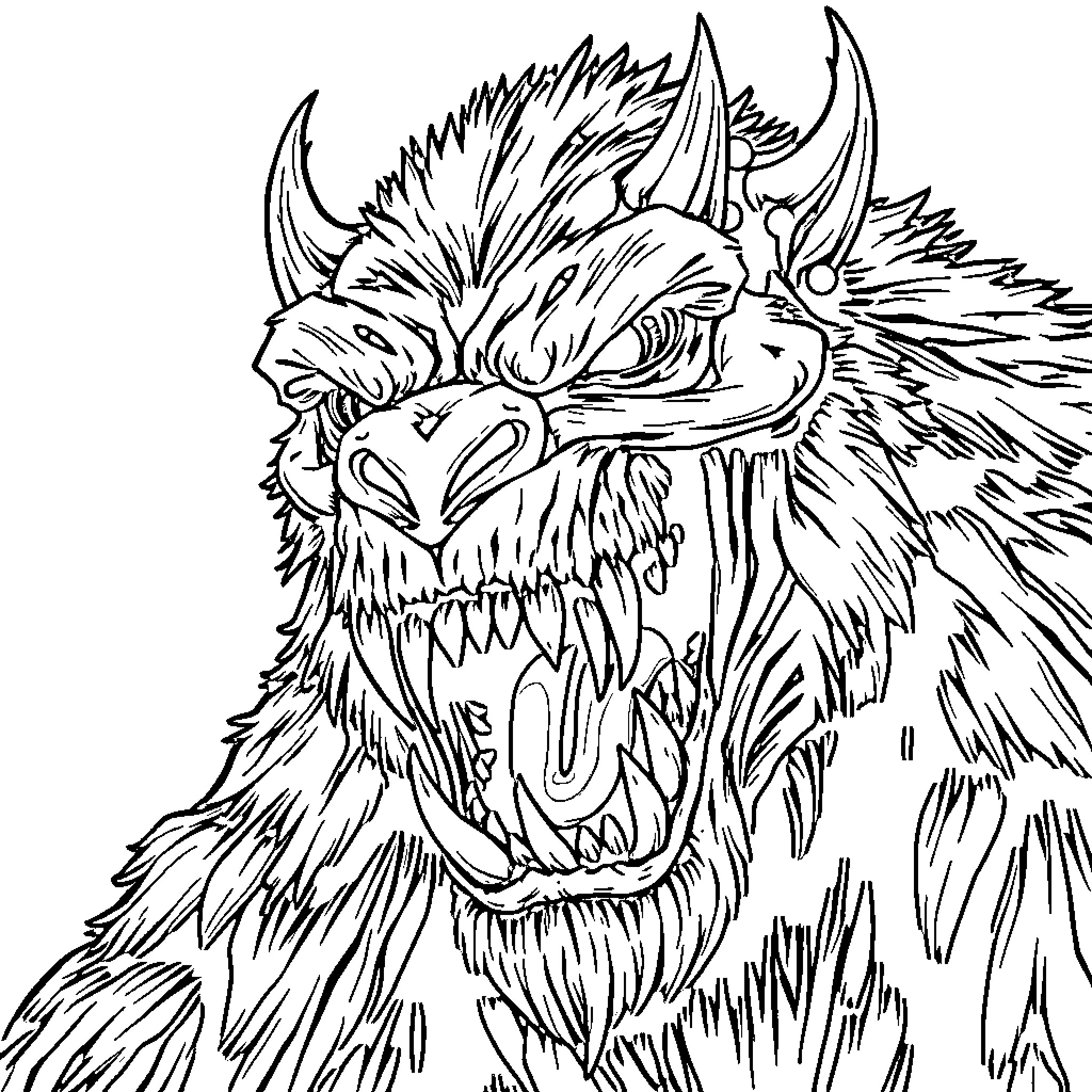 Monster with Fearsome Fangs and Fierce Expression Coloring Page (free black-and-white line drawing printable PDF for all, from beginners to advanced learners, including children, teens, adults, and seniors)