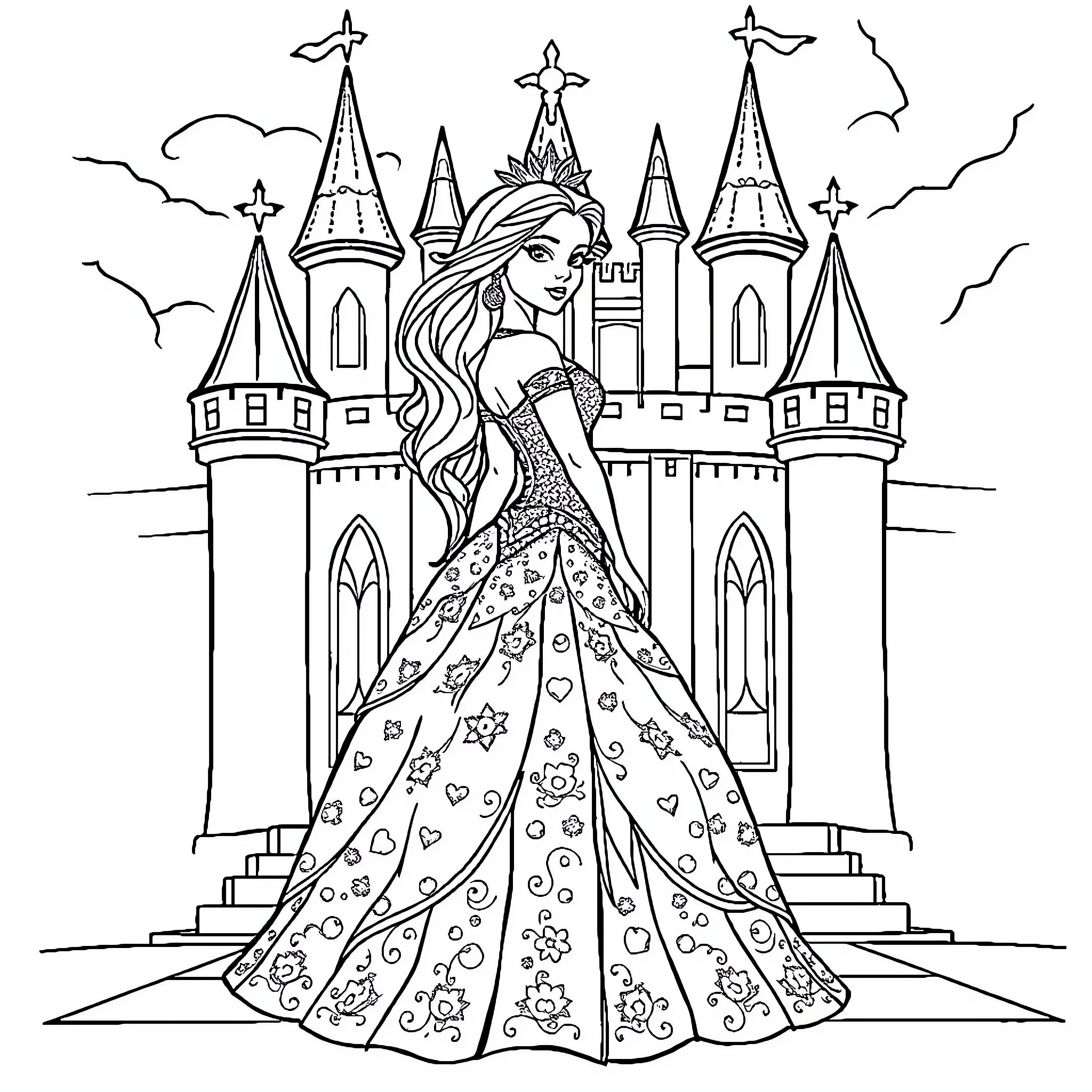 Princess in Elegant Gown at Majestic Castle Coloring Page (free black-and-white line drawing printable PDF for all, from beginners to advanced learners, including children, teens, adults, and seniors)