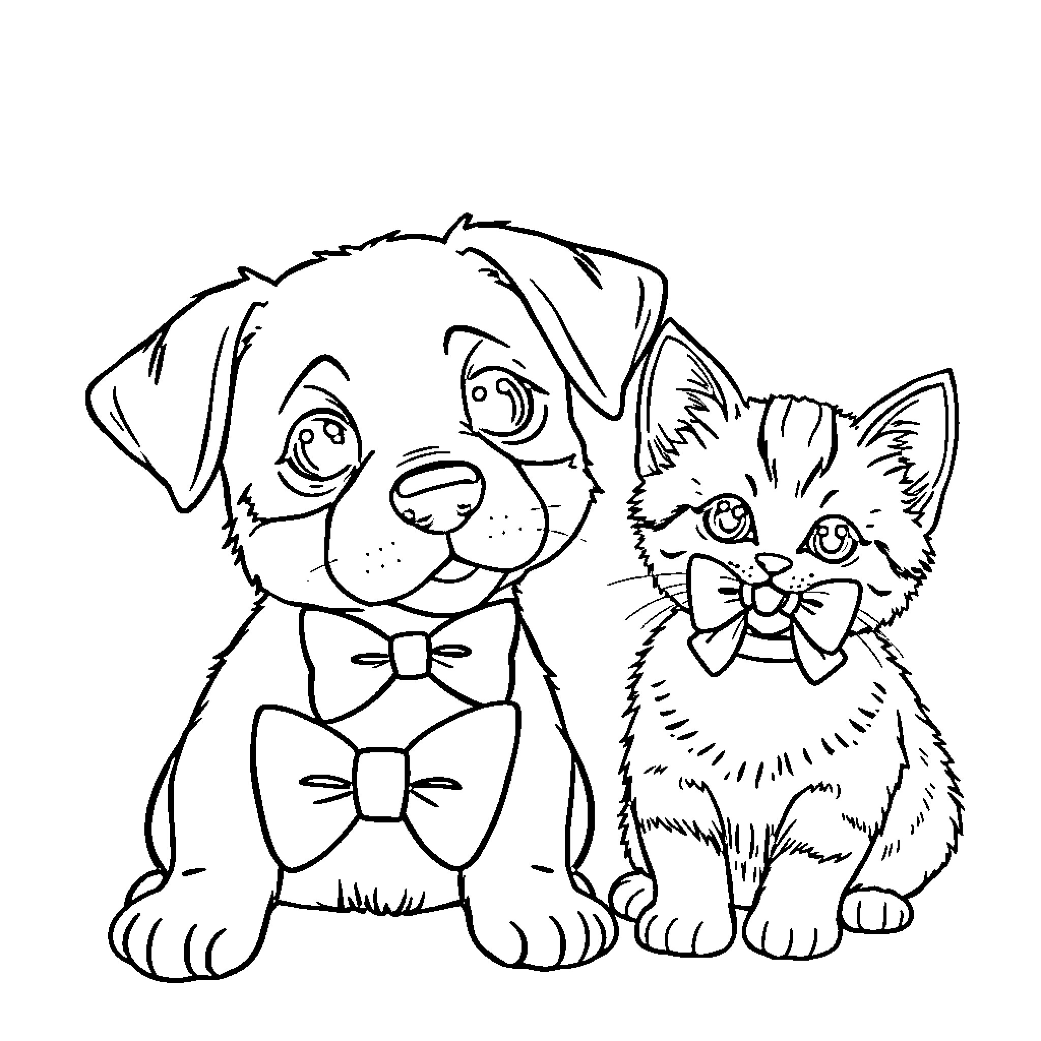 Dog and Kitten Wearing Bow Ties Coloring Page (free black-and-white line drawing printable PDF for all, from beginners to advanced learners, including children, teens, adults, and seniors)