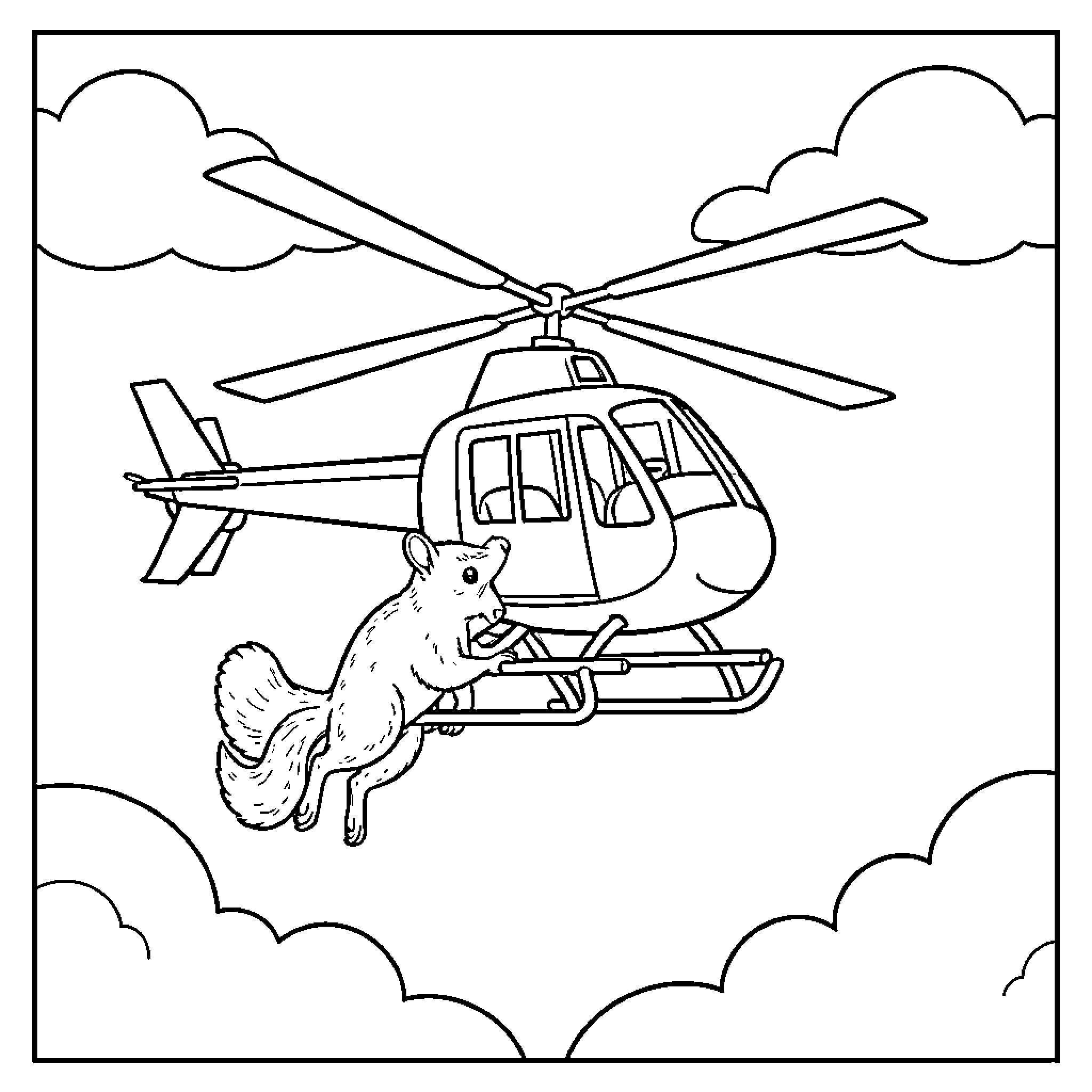 Squirrel riding a helicopter in the sky Coloring Page (free black-and-white line drawing printable PDF for all, from beginners to advanced learners, including children, teens, adults, and seniors)
