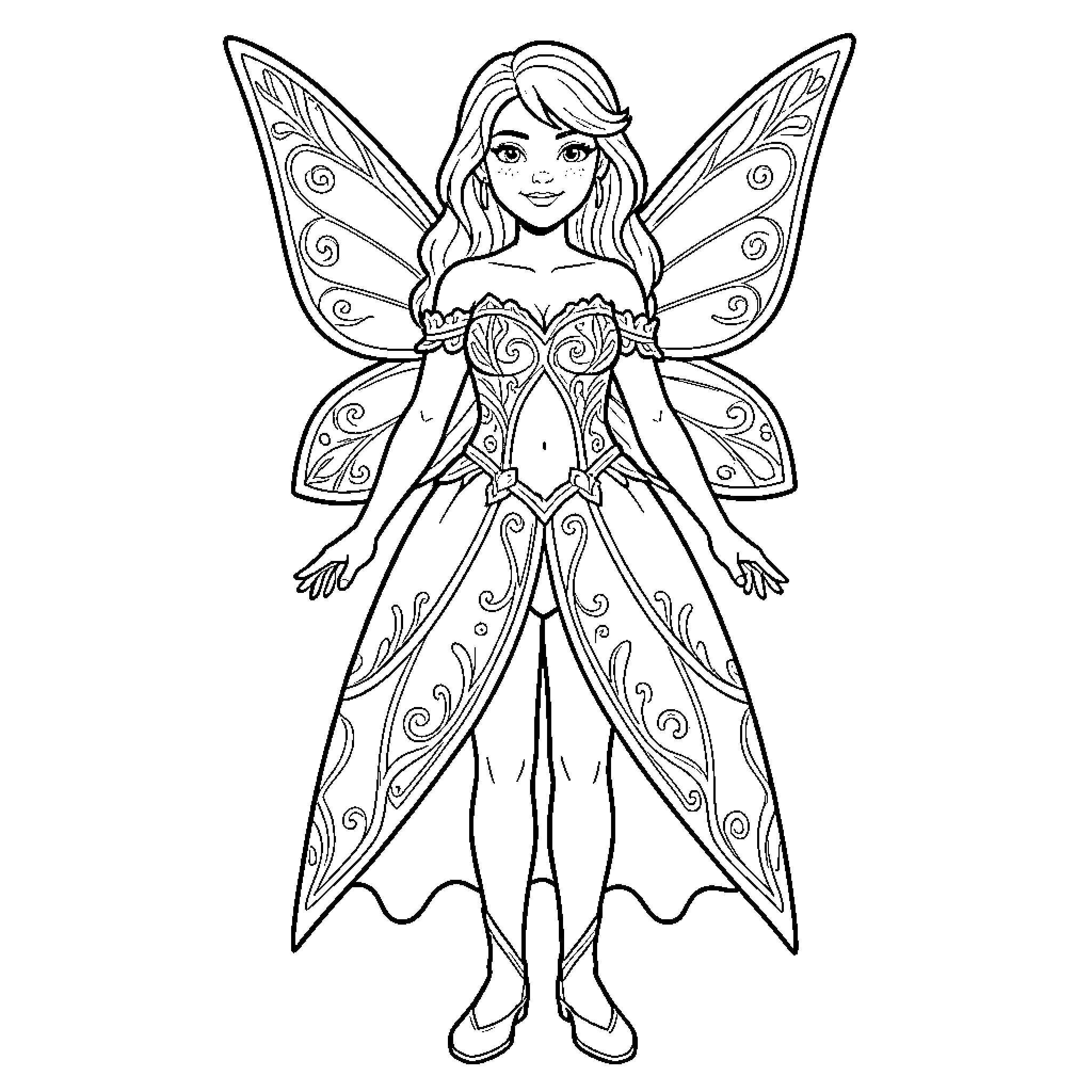 Lucinda posing gracefully in a fairy costume Coloring Page (free black-and-white line drawing printable PDF for all, from beginners to advanced learners, including children, teens, adults, and seniors)