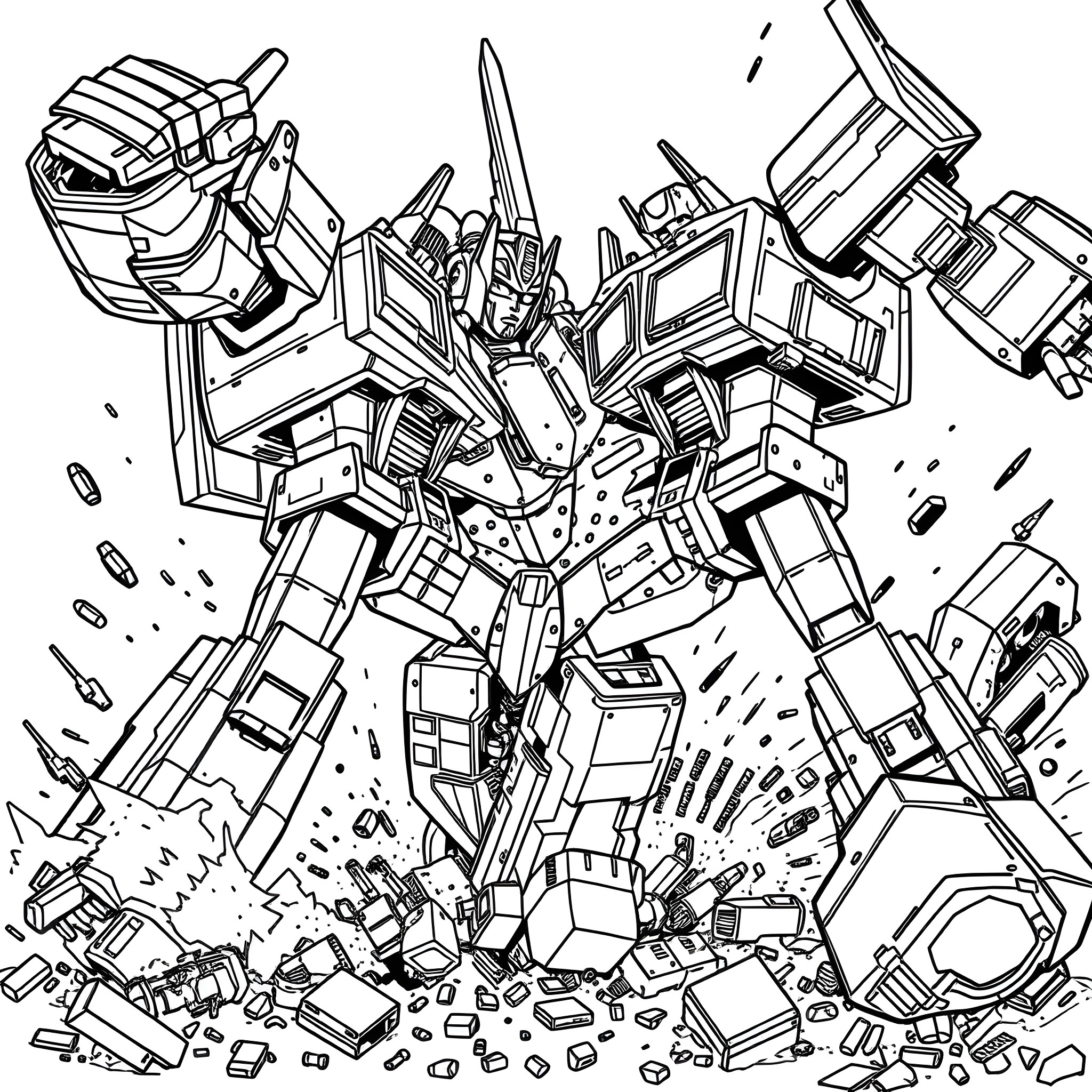 Autobot Warrior Unleashes Powerful Attack Coloring Page (free black-and-white line drawing printable PDF for all, from beginners to advanced learners, including children, teens, adults, and seniors)