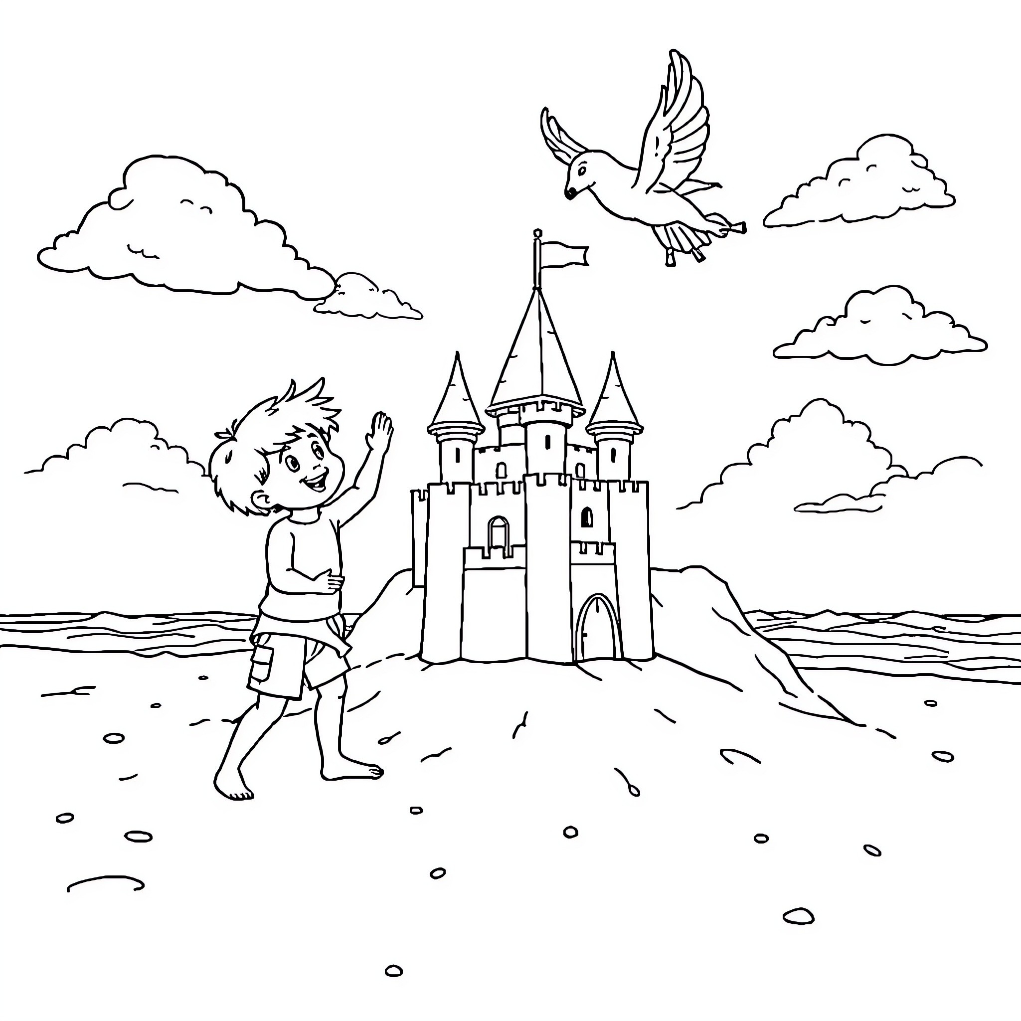 Child playing near fantasy castle with birds Coloring Page (free black-and-white line drawing printable PDF for all, from beginners to advanced learners, including children, teens, adults, and seniors)