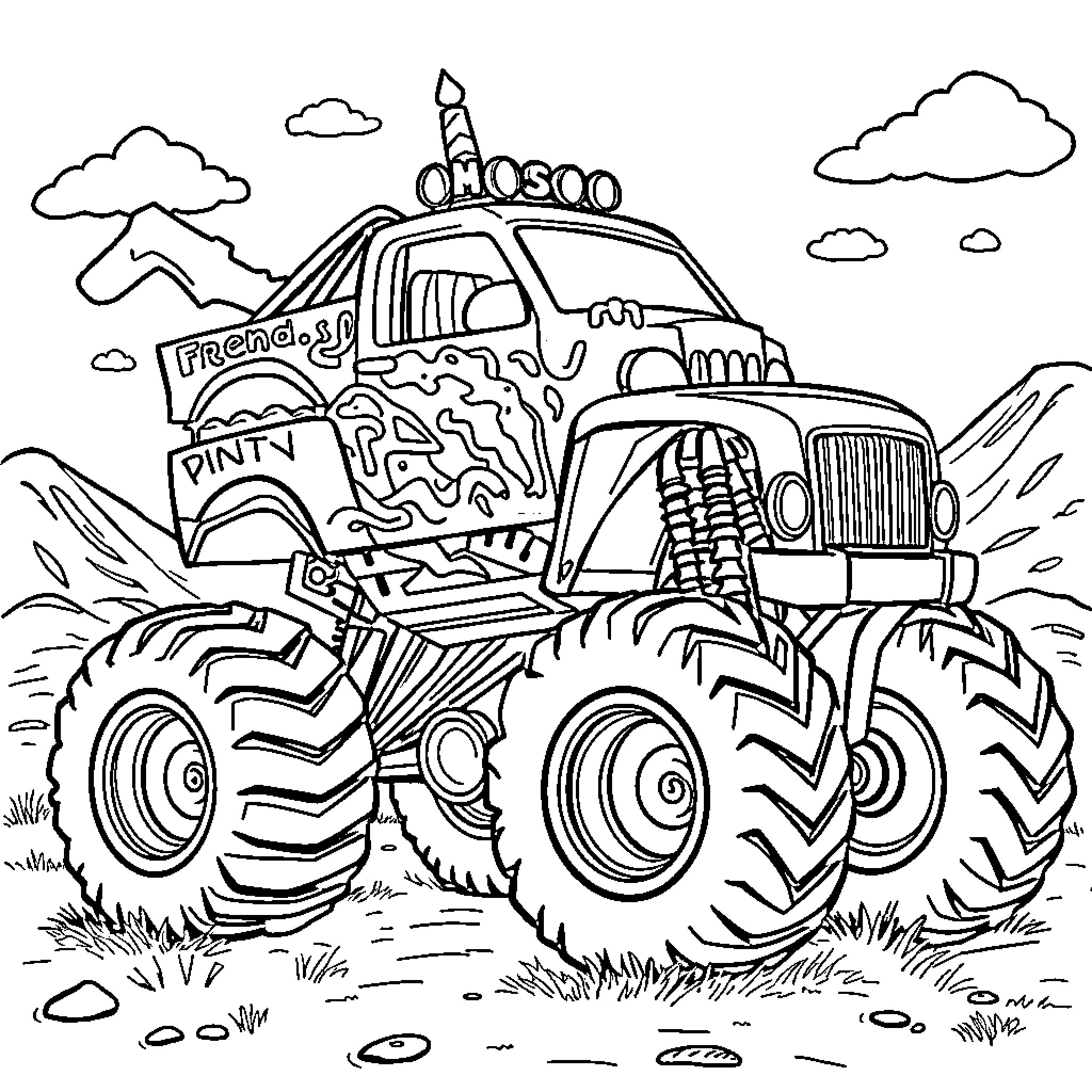 Monster Truck Crushing Through the Rugged Terrain Coloring Page (free black-and-white line drawing printable PDF for all, from beginners to advanced learners, including children, teens, adults, and seniors)