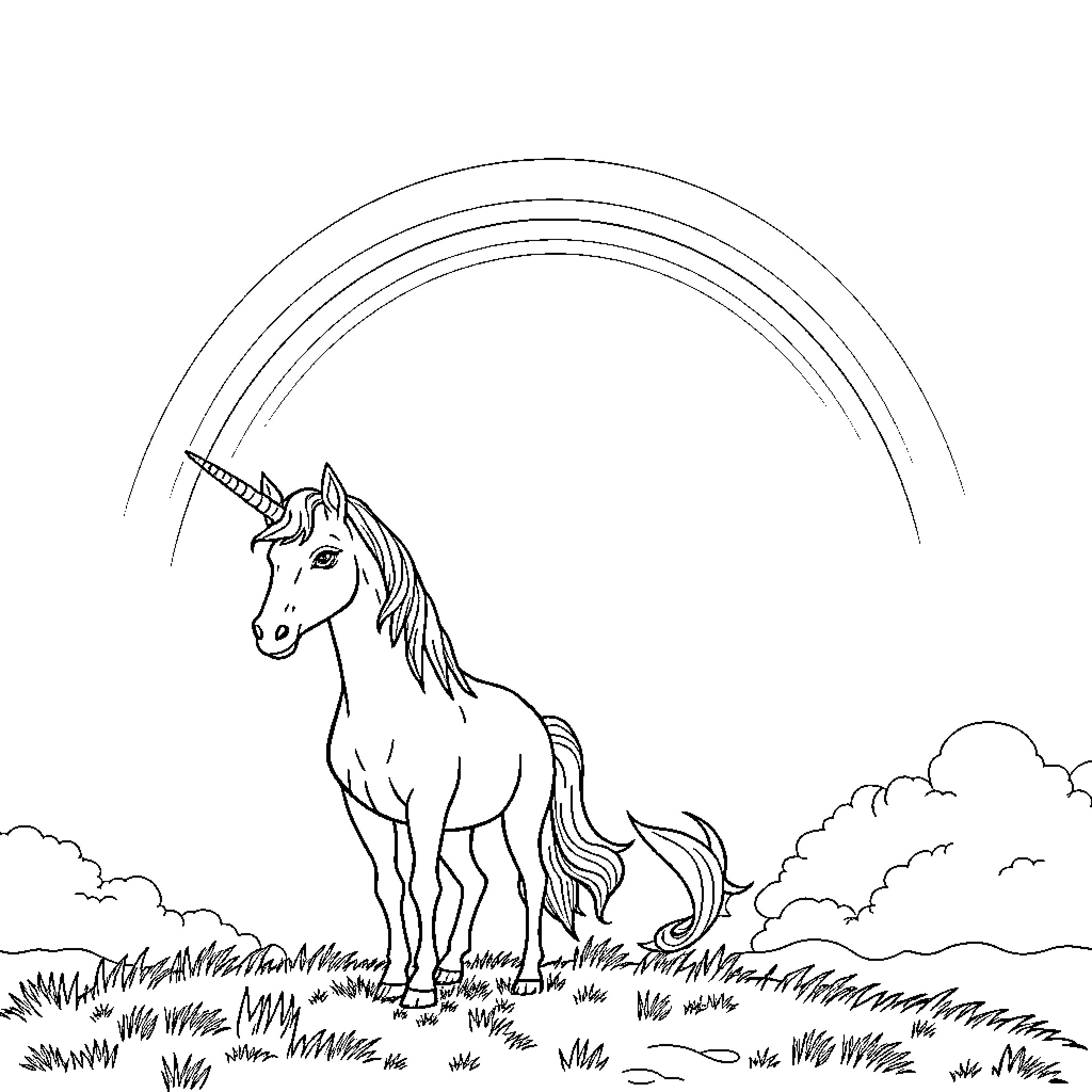 Unicorn standing majestically in a field Coloring Page (free black-and-white line drawing printable PDF for all, from beginners to advanced learners, including children, teens, adults, and seniors)