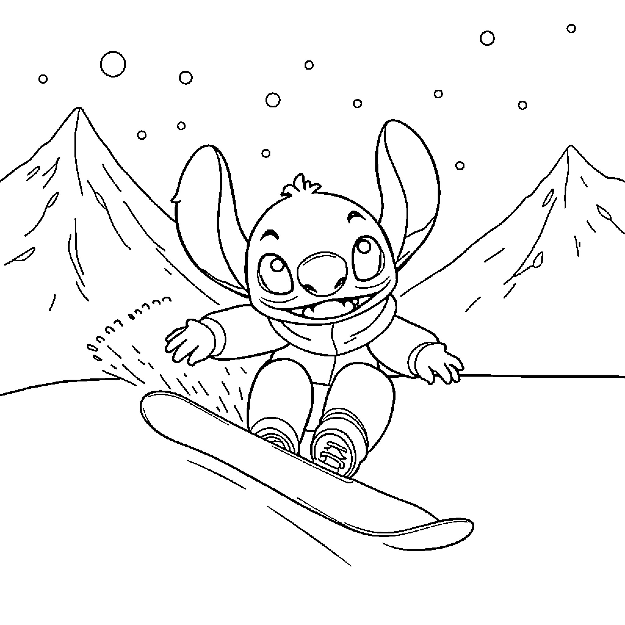Stitch snowboarding in the mountains Coloring Page (free black-and-white line drawing printable PDF for all, from beginners to advanced learners, including children, teens, adults, and seniors)