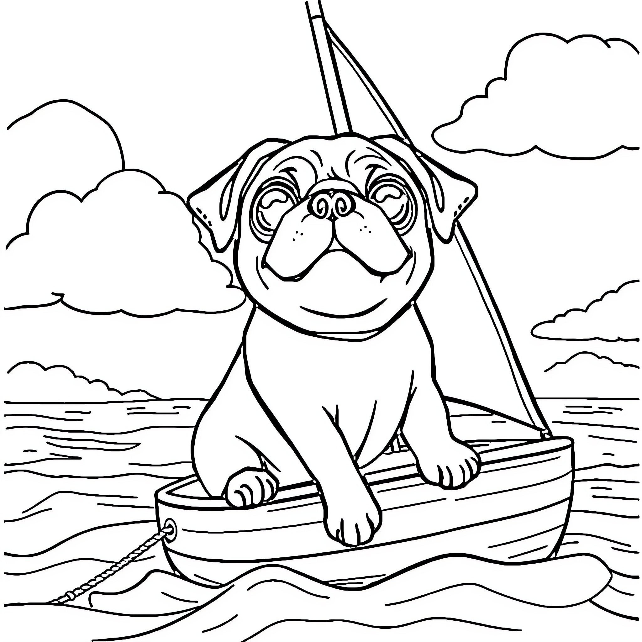 Pug sailing on a boat at the beach Coloring Page (free black-and-white line drawing printable PDF for all, from beginners to advanced learners, including children, teens, adults, and seniors)