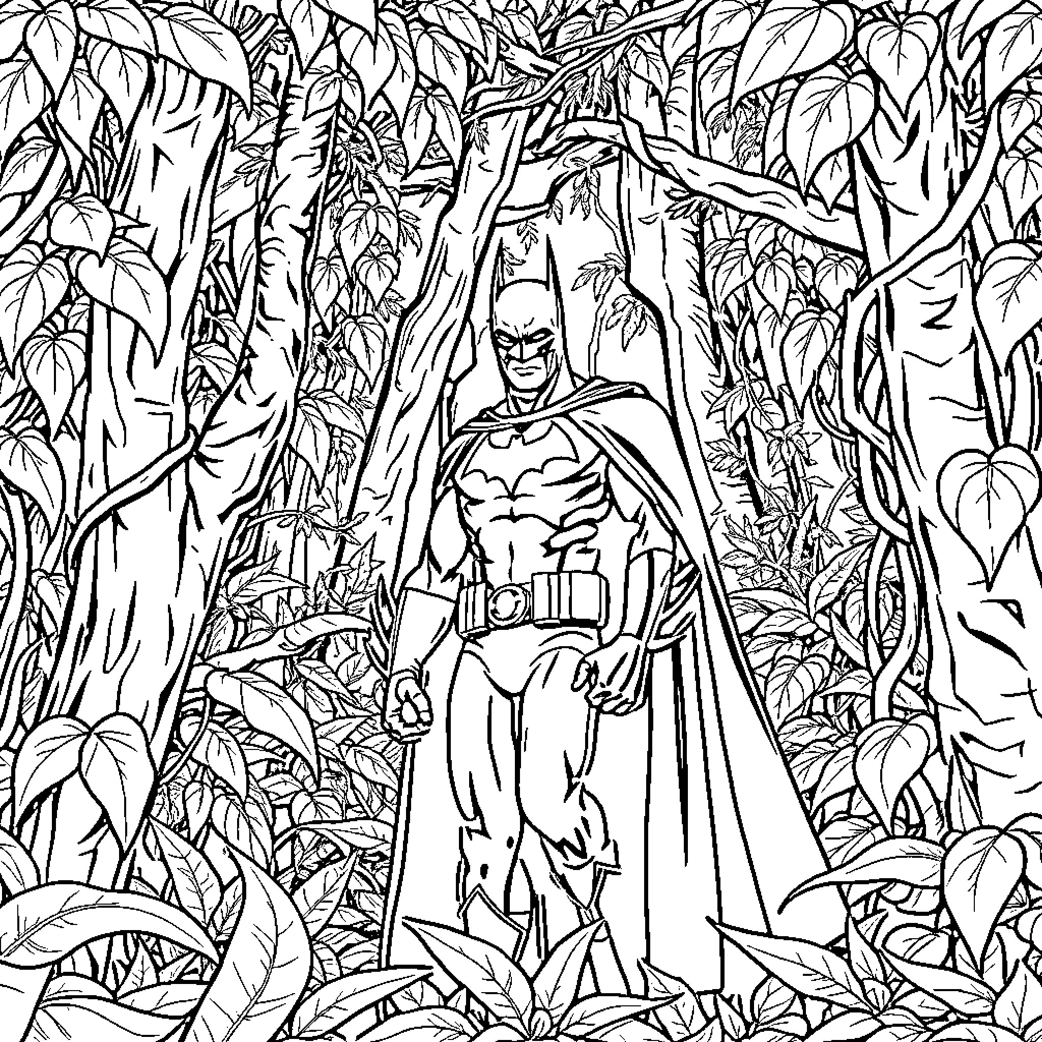 Batman prowling through the lush jungle foliage Coloring Page (free black-and-white line drawing printable PDF for all, from beginners to advanced learners, including children, teens, adults, and seniors)