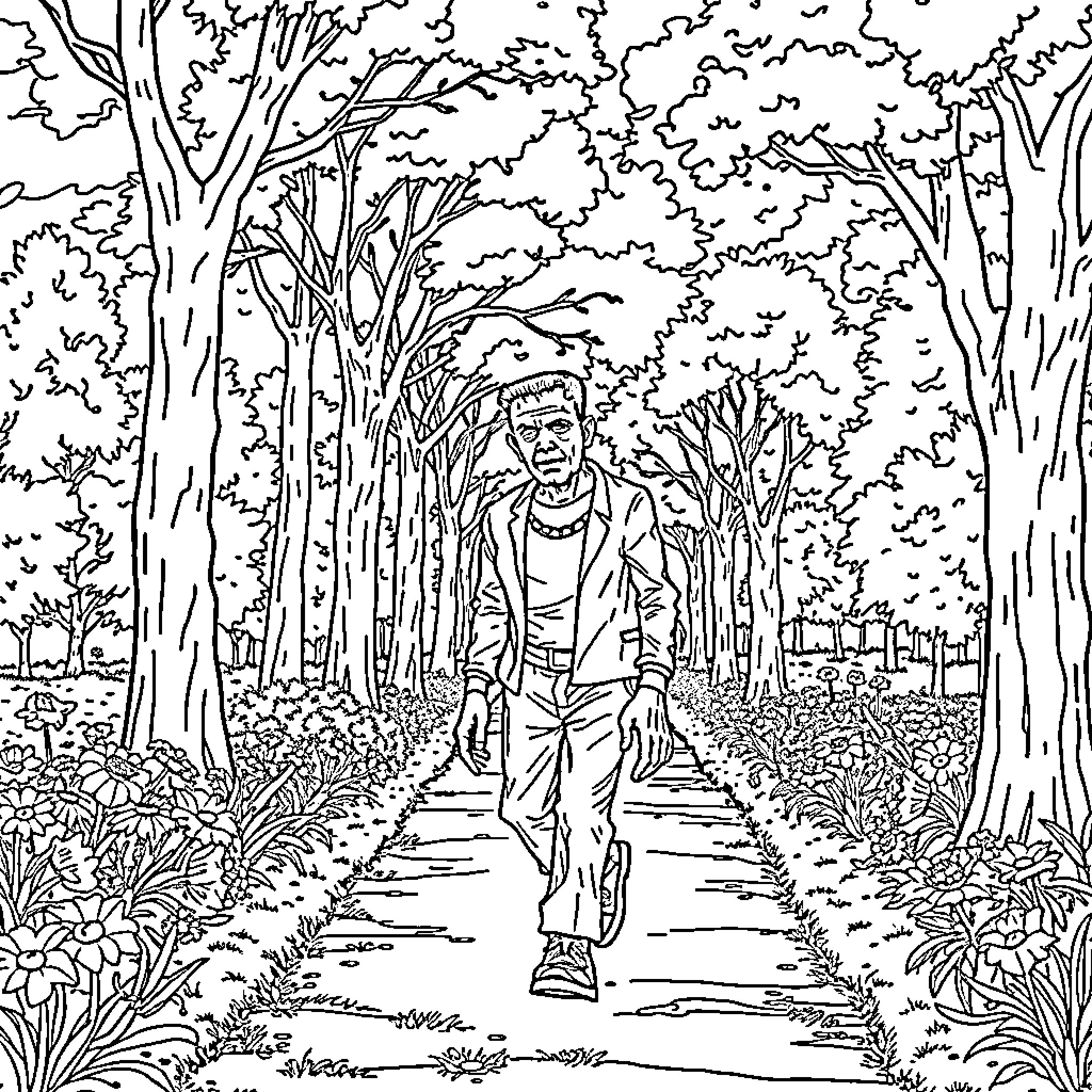 Frankenstein's Creature Wandering Through the Mysterious Forest Coloring Page (free black-and-white line drawing printable PDF for all, from beginners to advanced learners, including children, teens, adults, and seniors)