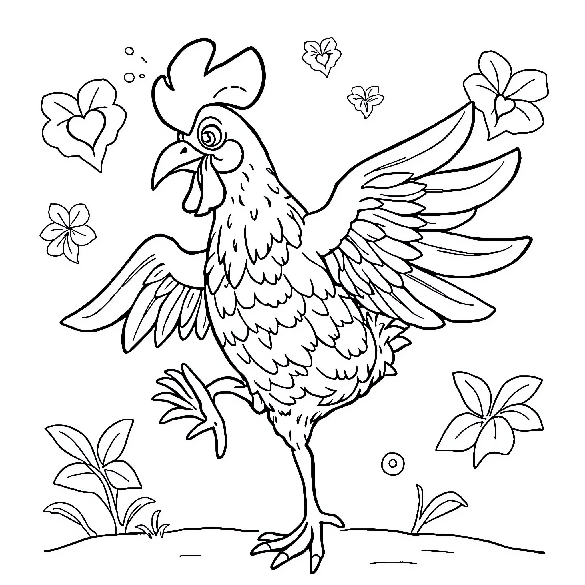 Chickenbanana in a whimsical floral scene Coloring Page (free black-and-white line drawing printable PDF for all, from beginners to advanced learners, including children, teens, adults, and seniors)