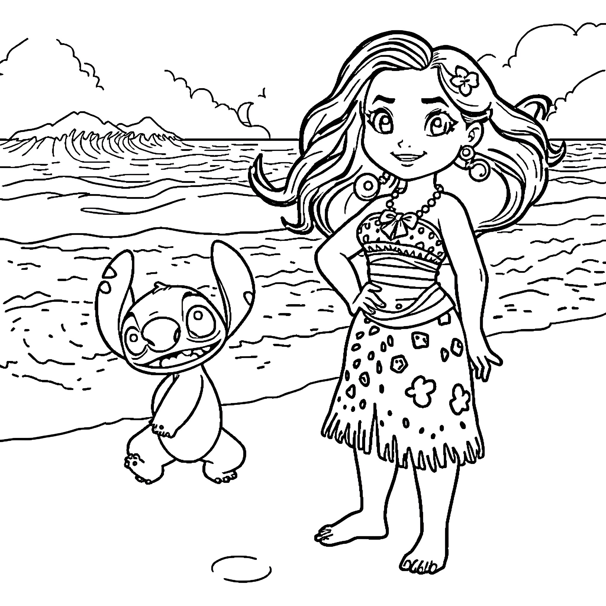 Moana's adventurous island exploration with Stitch Coloring Page (free black-and-white line drawing printable PDF for all, from beginners to advanced learners, including children, teens, adults, and seniors)