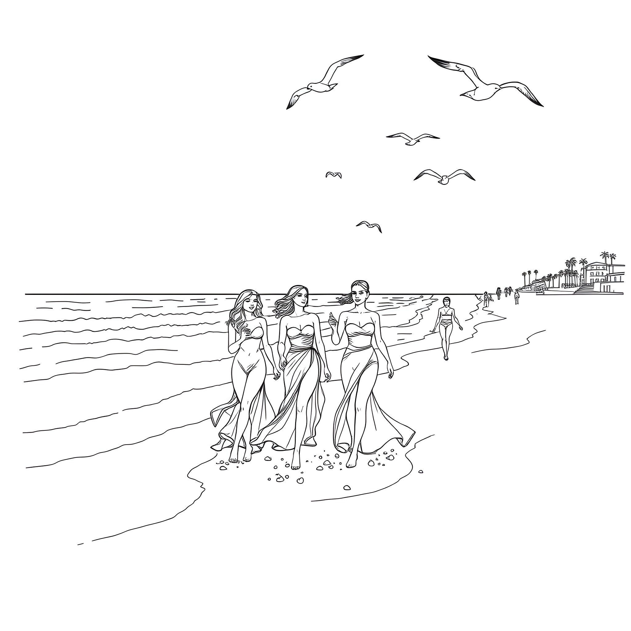 Lady walking along the beach with friends Coloring Page (free black-and-white line drawing printable PDF for all, from beginners to advanced learners, including children, teens, adults, and seniors)