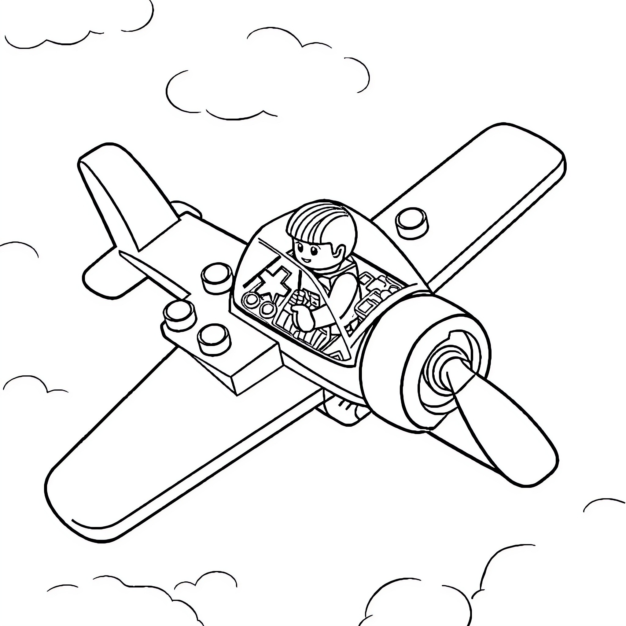 Airplane with cartoon character in the cockpit Coloring Page (free black-and-white line drawing printable PDF for all, from beginners to advanced learners, including children, teens, adults, and seniors)