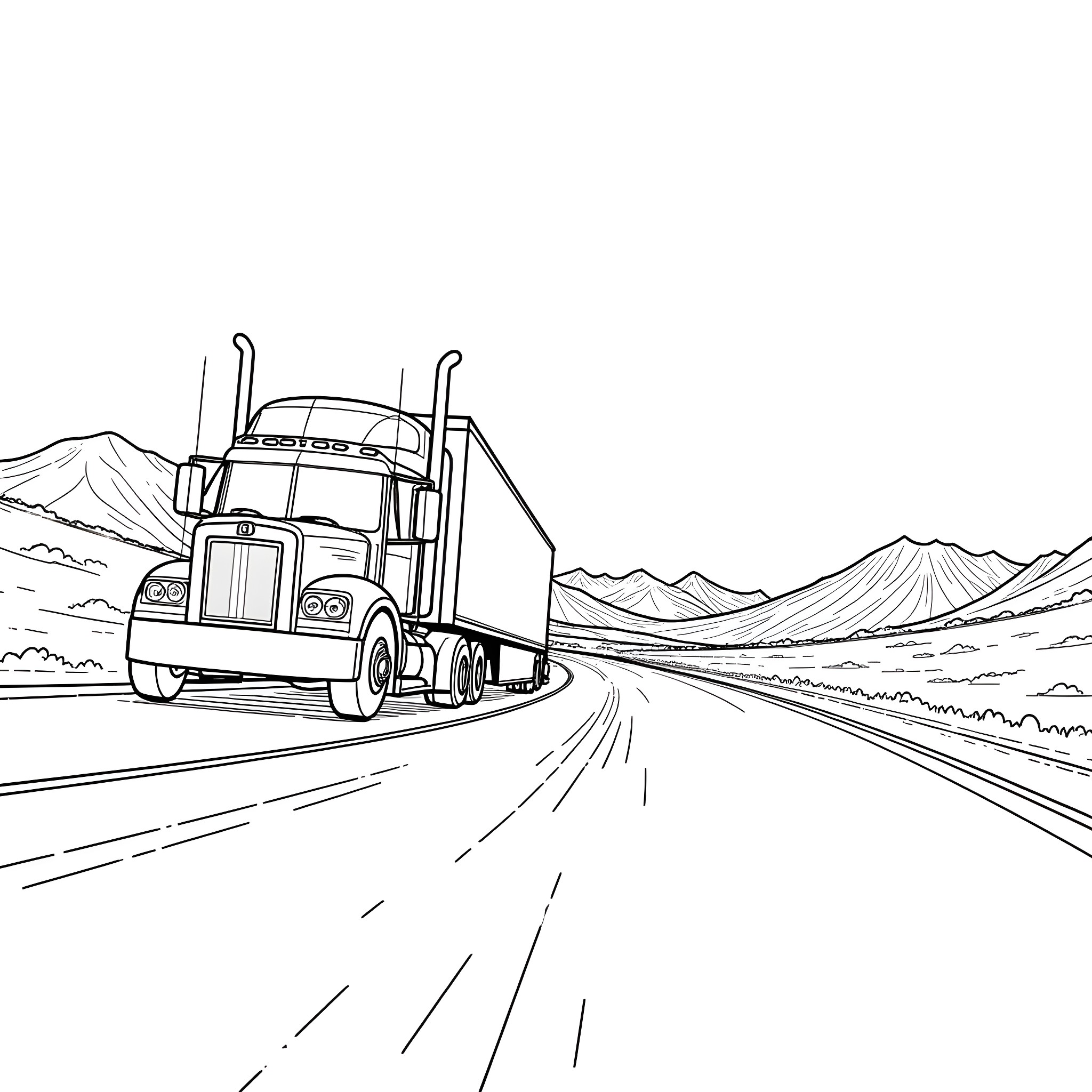 Semi Truck Driving on the Open Road Coloring Page (free black-and-white line drawing printable PDF for all, from beginners to advanced learners, including children, teens, adults, and seniors)