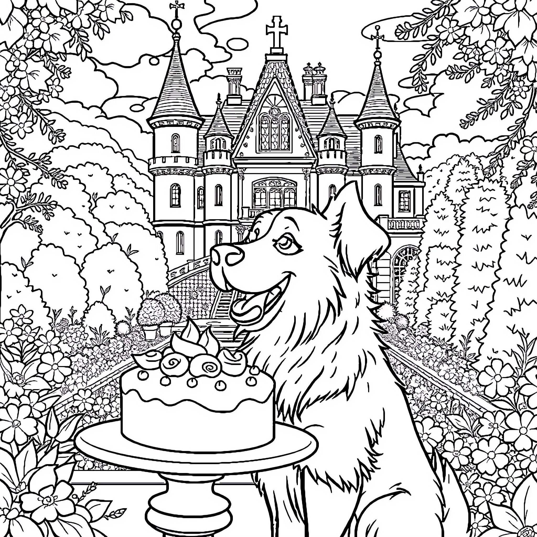 Dog guarding a magical castle Coloring Page (free black-and-white line drawing printable PDF for all, from beginners to advanced learners, including children, teens, adults, and seniors)