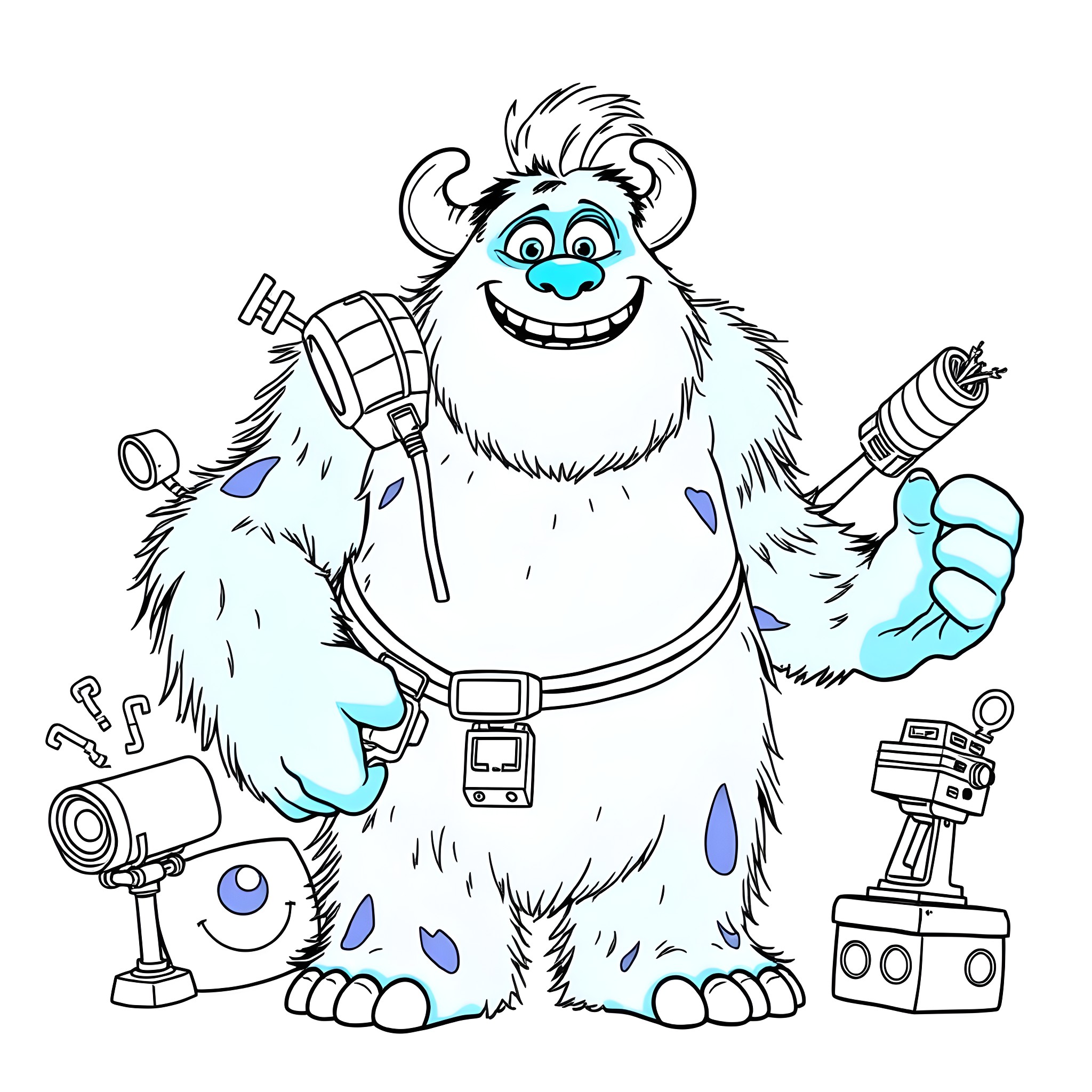 Sulley's Filmmaking Adventure Coloring Page (free black-and-white line drawing printable PDF for all, from beginners to advanced learners, including children, teens, adults, and seniors)