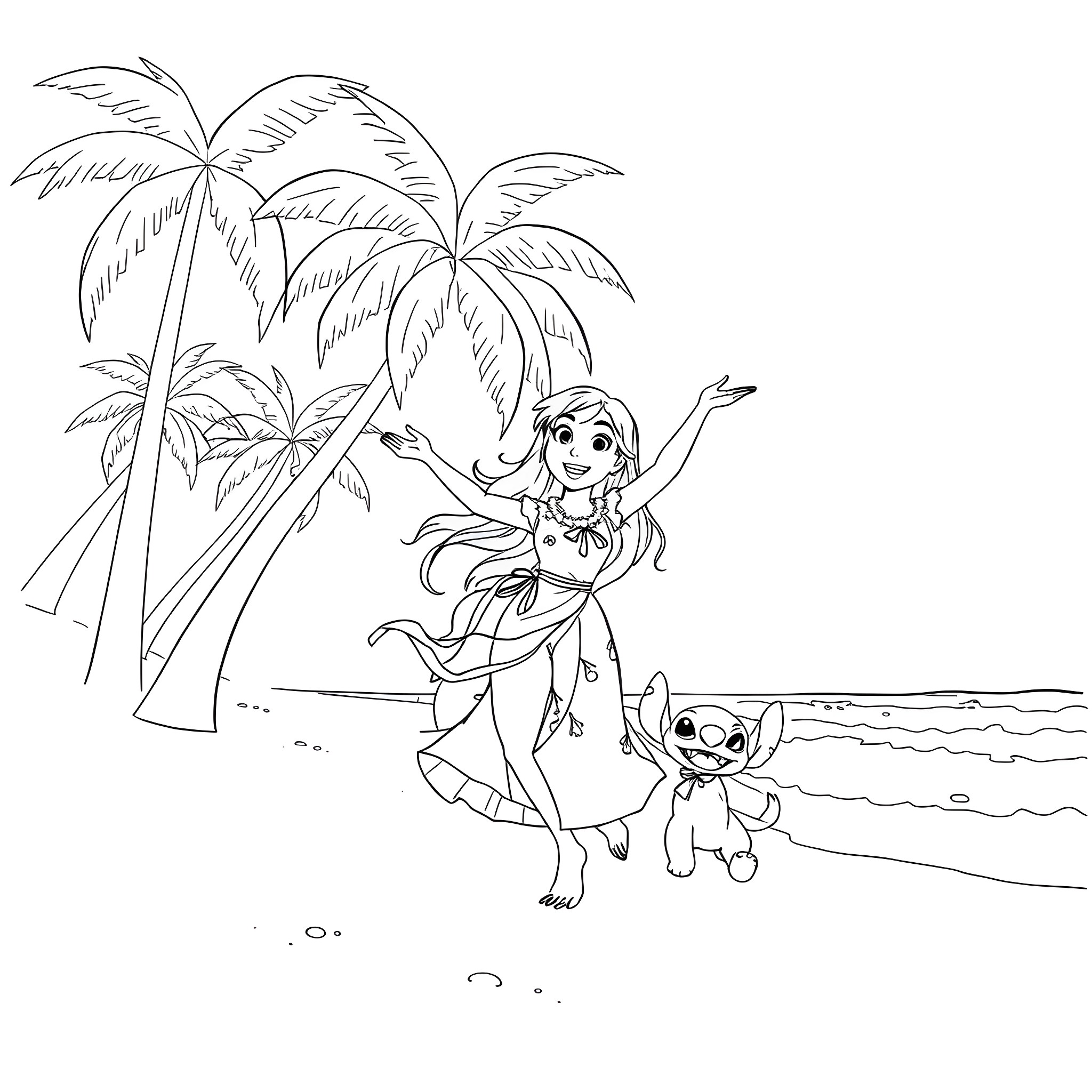 Lilo dancing with Stitch on the beach Coloring Page (free black-and-white line drawing printable PDF for all, from beginners to advanced learners, including children, teens, adults, and seniors)