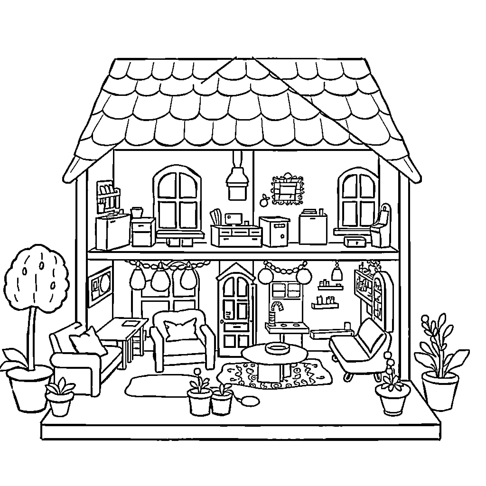 Dollhouse with Cozy Interior Furnishings Coloring Page (free black-and-white line drawing printable PDF for all, from beginners to advanced learners, including children, teens, adults, and seniors)