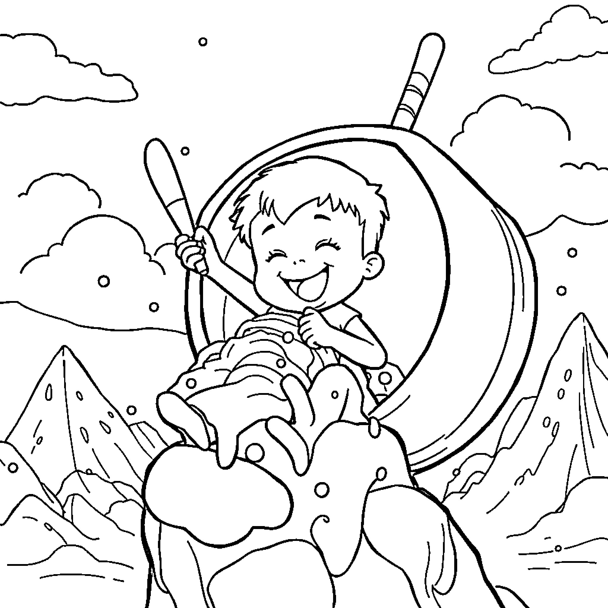 Stick figure boy sledding down snowy mountain Coloring Page (free black-and-white line drawing printable PDF for all, from beginners to advanced learners, including children, teens, adults, and seniors)