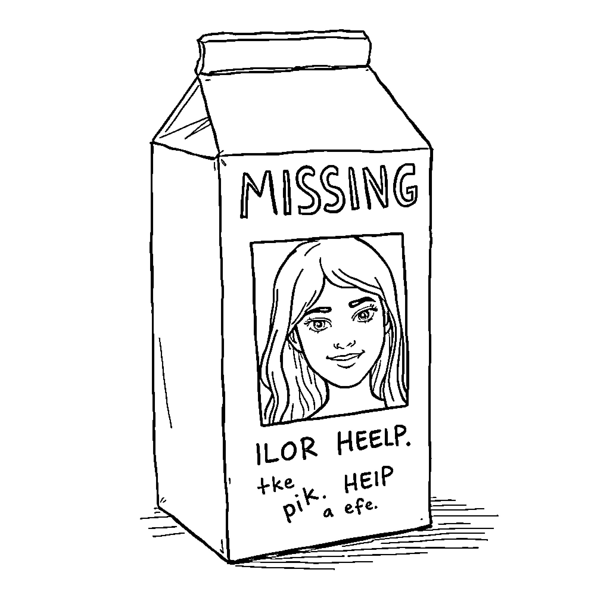 Milk Carton Missing Person Poster Coloring Page (free black-and-white line drawing printable PDF for all, from beginners to advanced learners, including children, teens, adults, and seniors)