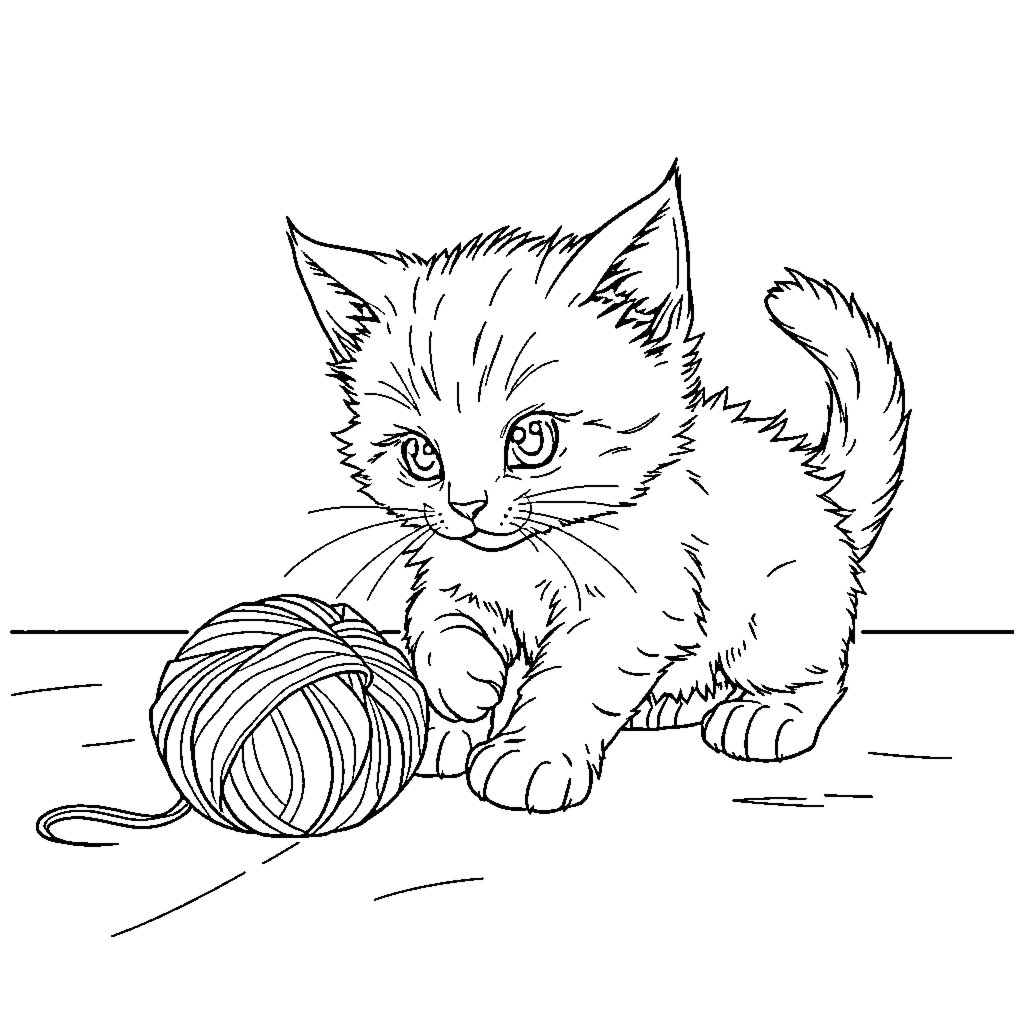 Kitten playing with ball of yarn Coloring Page (free black-and-white line drawing printable PDF for all, from beginners to advanced learners, including children, teens, adults, and seniors)