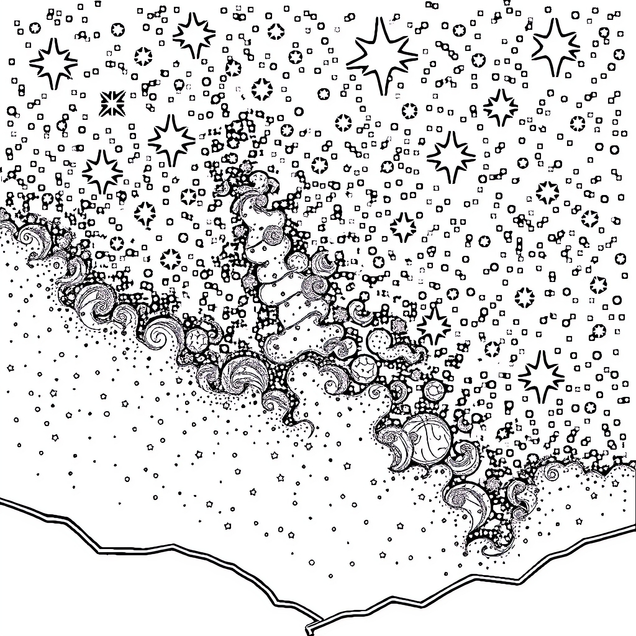 Star-filled Cosmic Landscape with Swirling Patterns Coloring Page (free black-and-white line drawing printable PDF for all, from beginners to advanced learners, including children, teens, adults, and seniors)