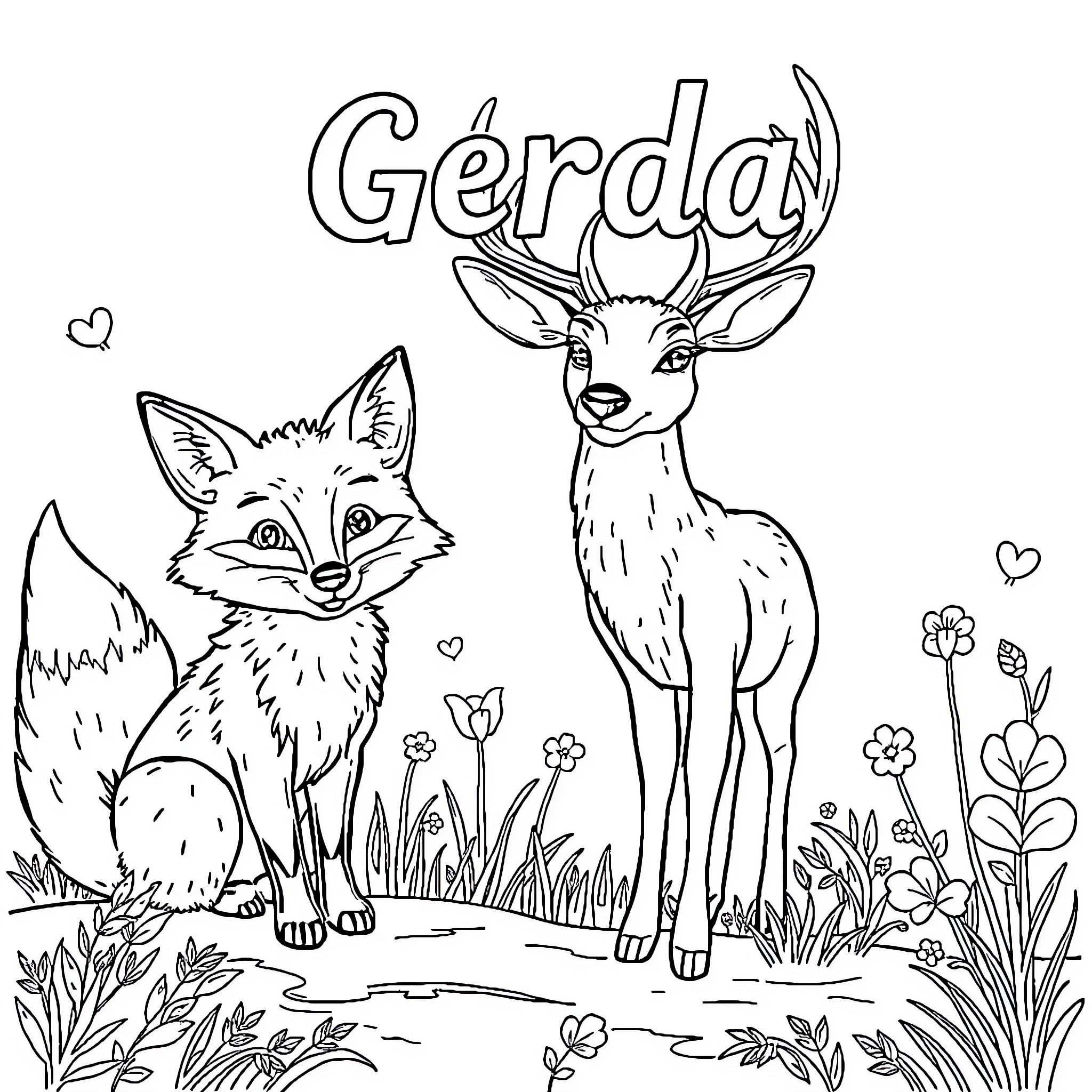Wild Animal Friends in a Flowery Meadow Coloring Page (free black-and-white line drawing printable PDF for all, from beginners to advanced learners, including children, teens, adults, and seniors)