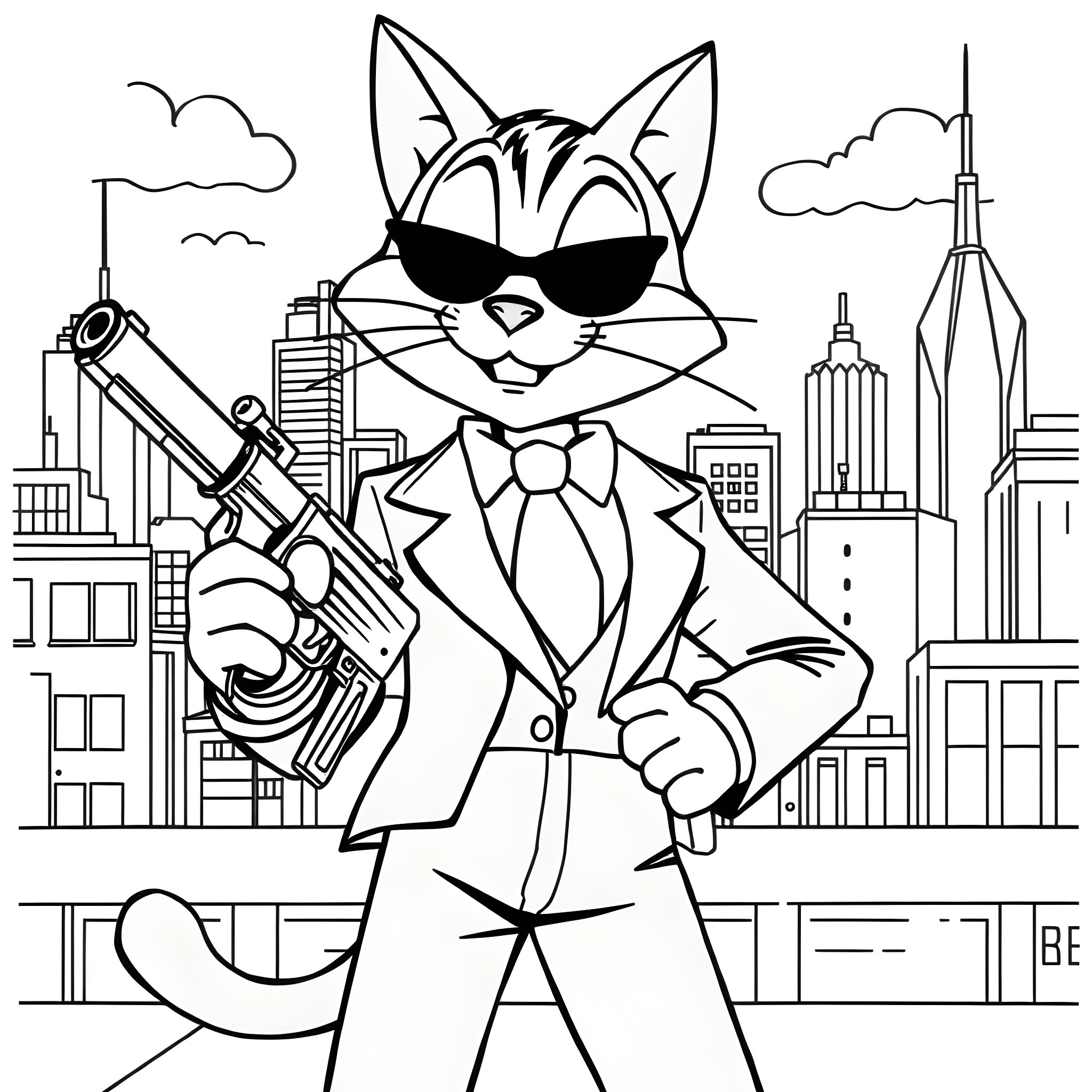 Felix the Spy Cat in the City Coloring Page (free black-and-white line drawing printable PDF for all, from beginners to advanced learners, including children, teens, adults, and seniors)