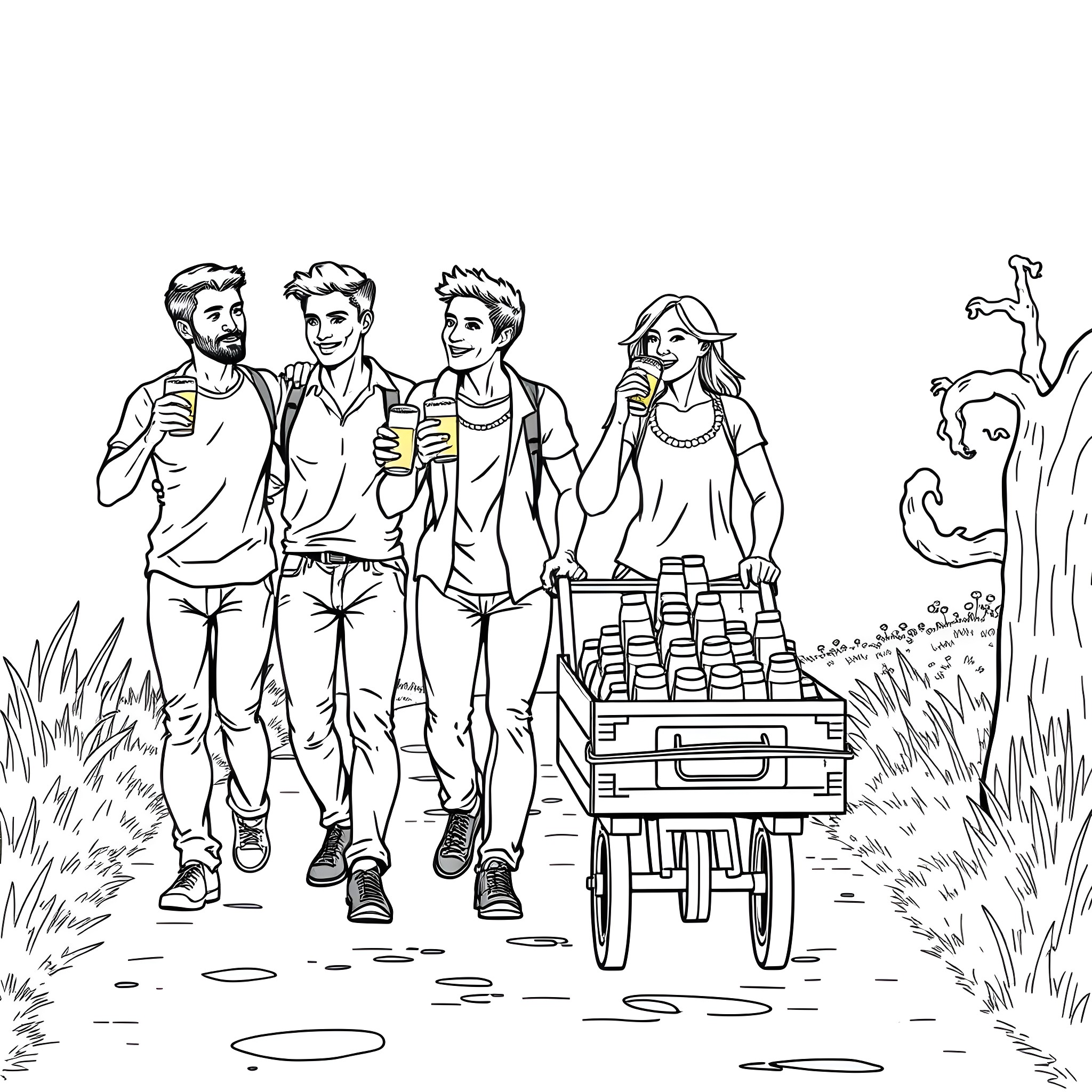 Guy walking with friends carrying a wagon of supplies Coloring Page (free black-and-white line drawing printable PDF for all, from beginners to advanced learners, including children, teens, adults, and seniors)