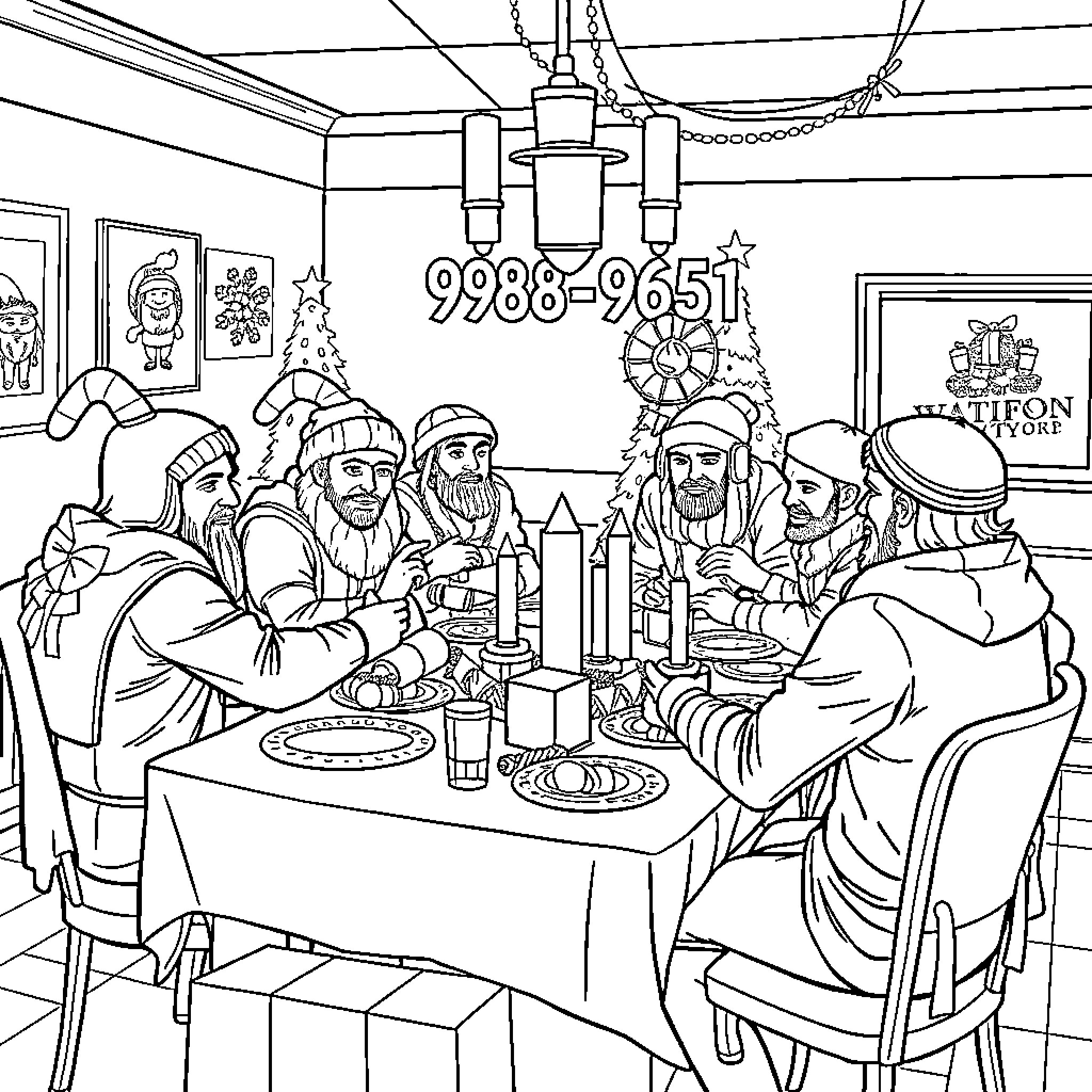 Warrior feast gathering with friends and family Coloring Page (free black-and-white line drawing printable PDF for all, from beginners to advanced learners, including children, teens, adults, and seniors)