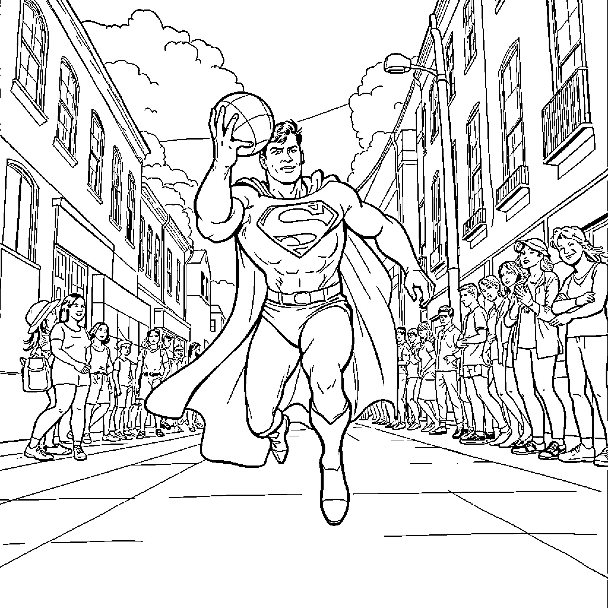 Superman Saving the City with Heroic Pose Coloring Page (free black-and-white line drawing printable PDF for all, from beginners to advanced learners, including children, teens, adults, and seniors)