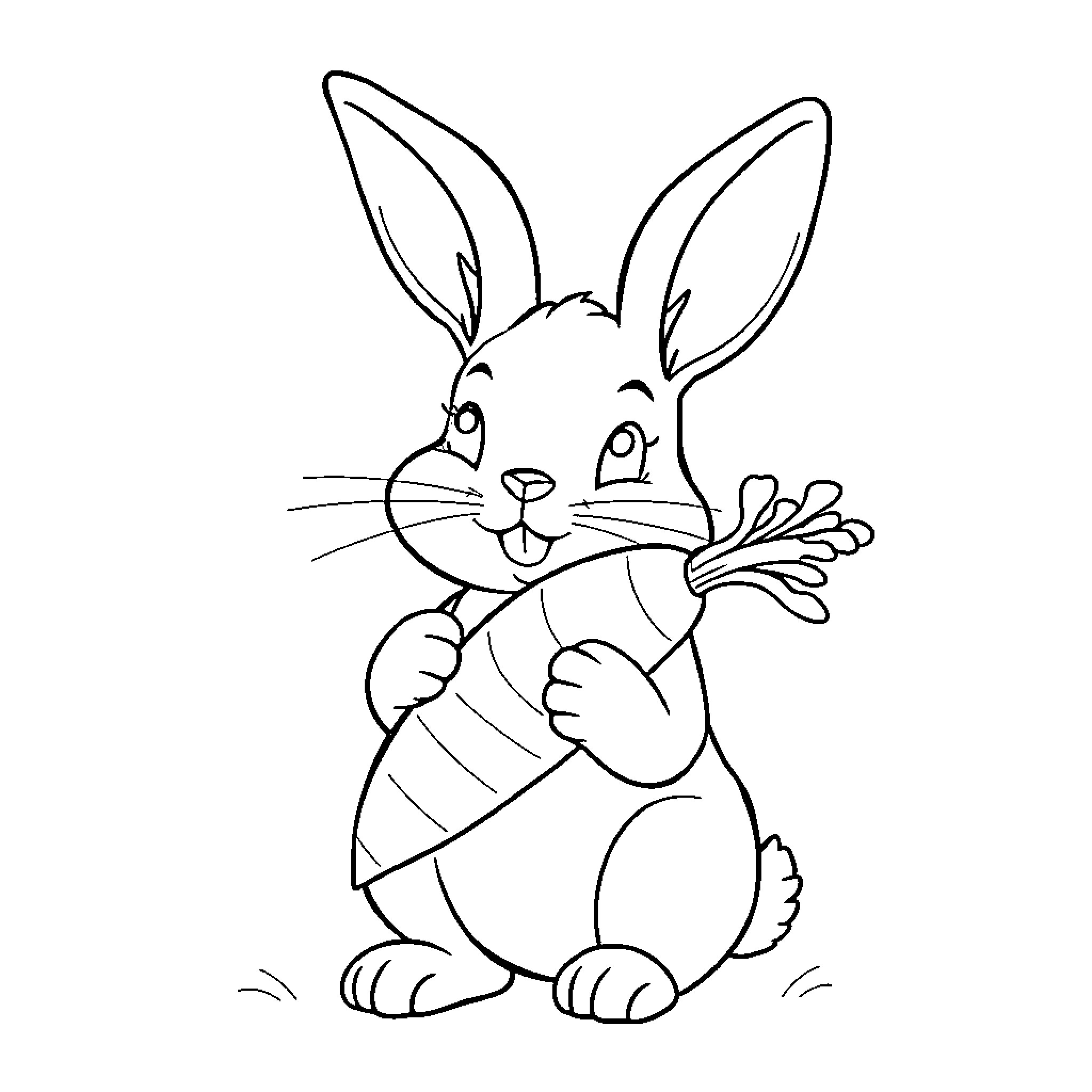 Bunny happily holding carrot Coloring Page (free black-and-white line drawing printable PDF for all, from beginners to advanced learners, including children, teens, adults, and seniors)
