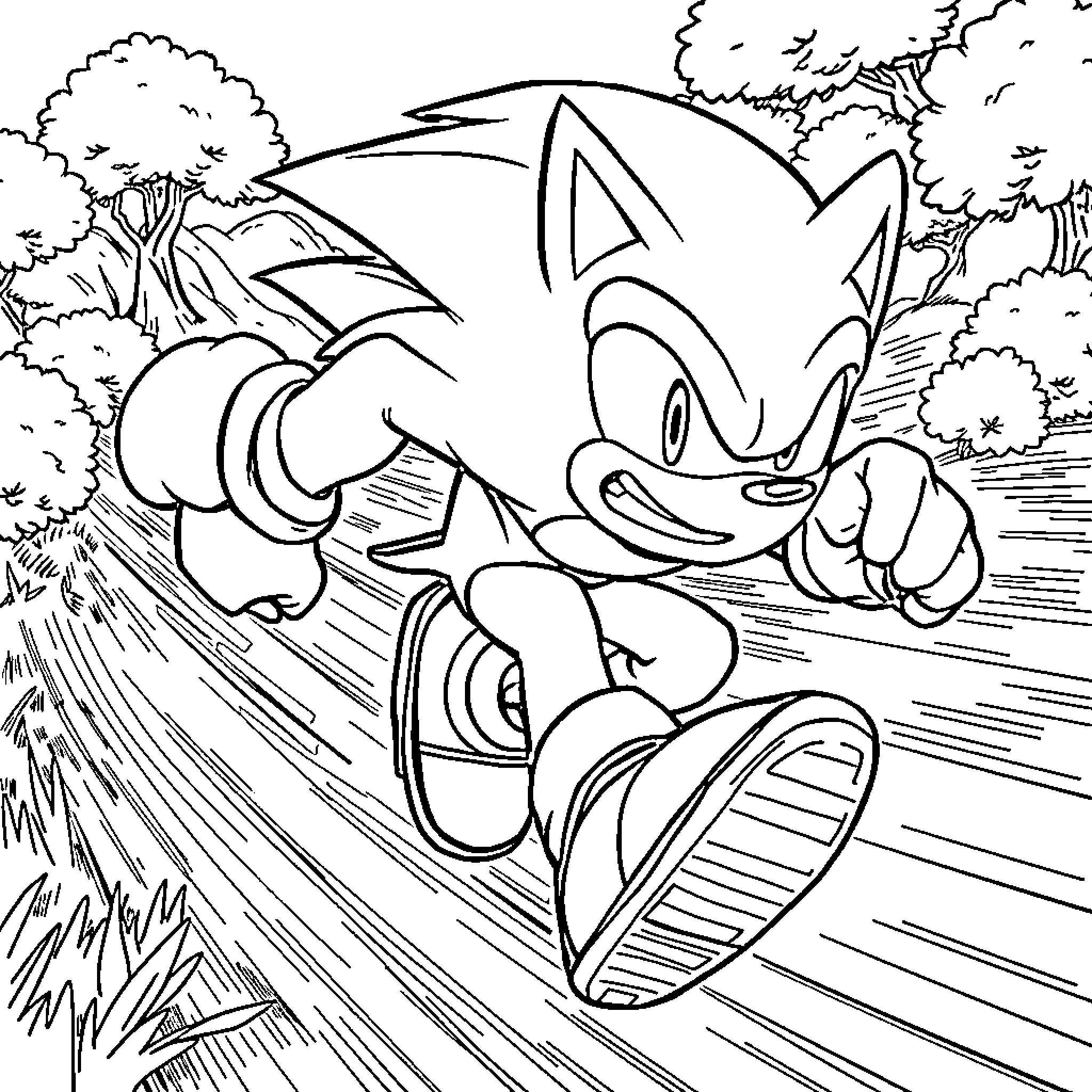 Hulk Sonic running through the forest Coloring Page (free black-and-white line drawing printable PDF for all, from beginners to advanced learners, including children, teens, adults, and seniors)