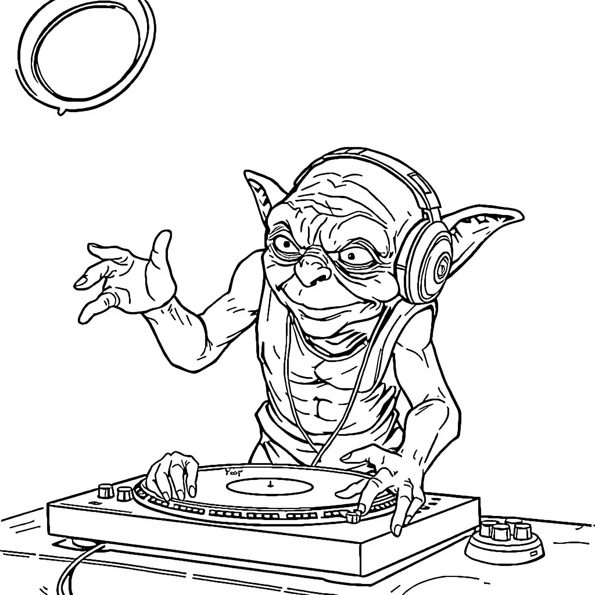 Gollum the DJ mixing tunes with headphones Coloring Page (free black-and-white line drawing printable PDF for all, from beginners to advanced learners, including children, teens, adults, and seniors)