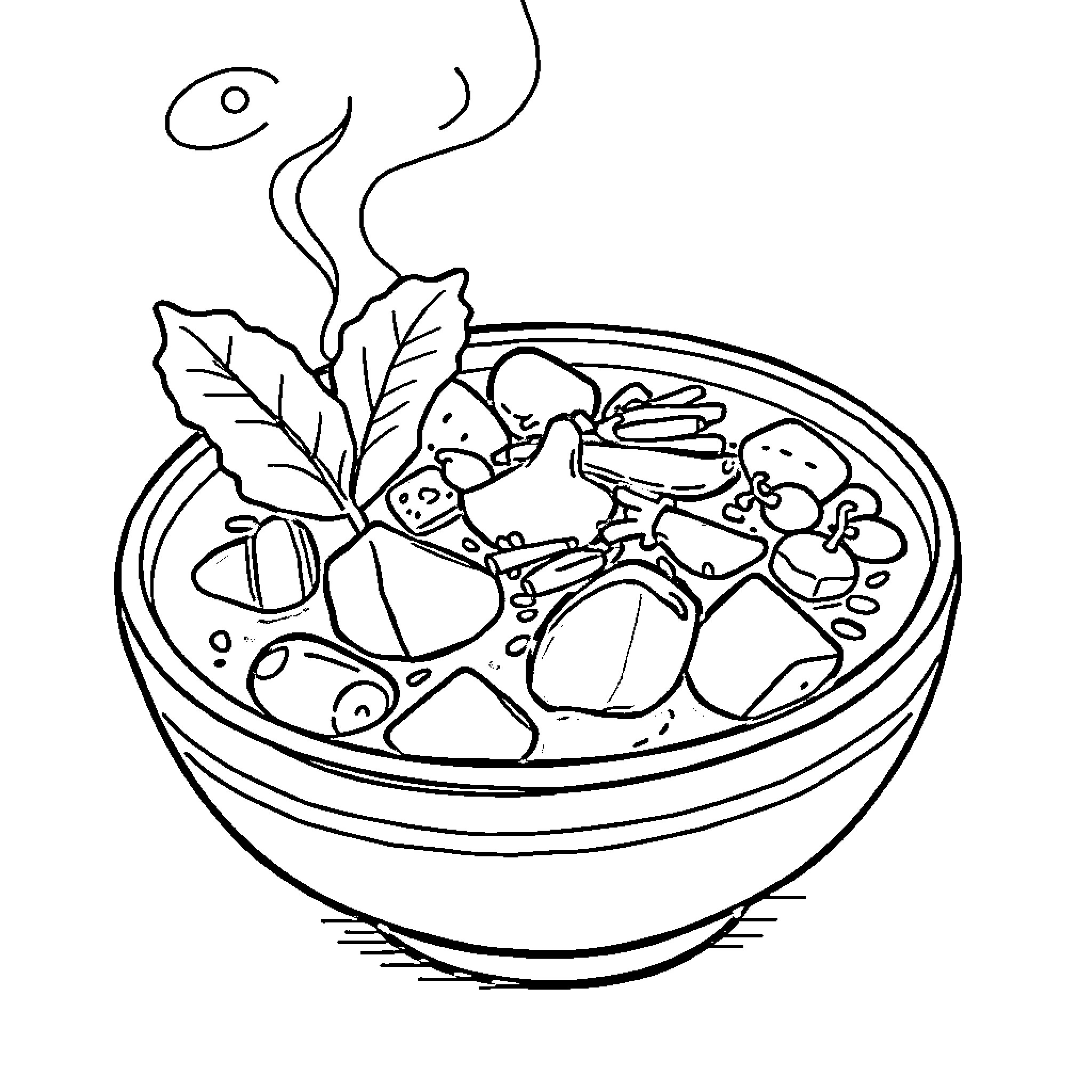 Soup with fresh vegetables and herbs Coloring Page (free black-and-white line drawing printable PDF for all, from beginners to advanced learners, including children, teens, adults, and seniors)