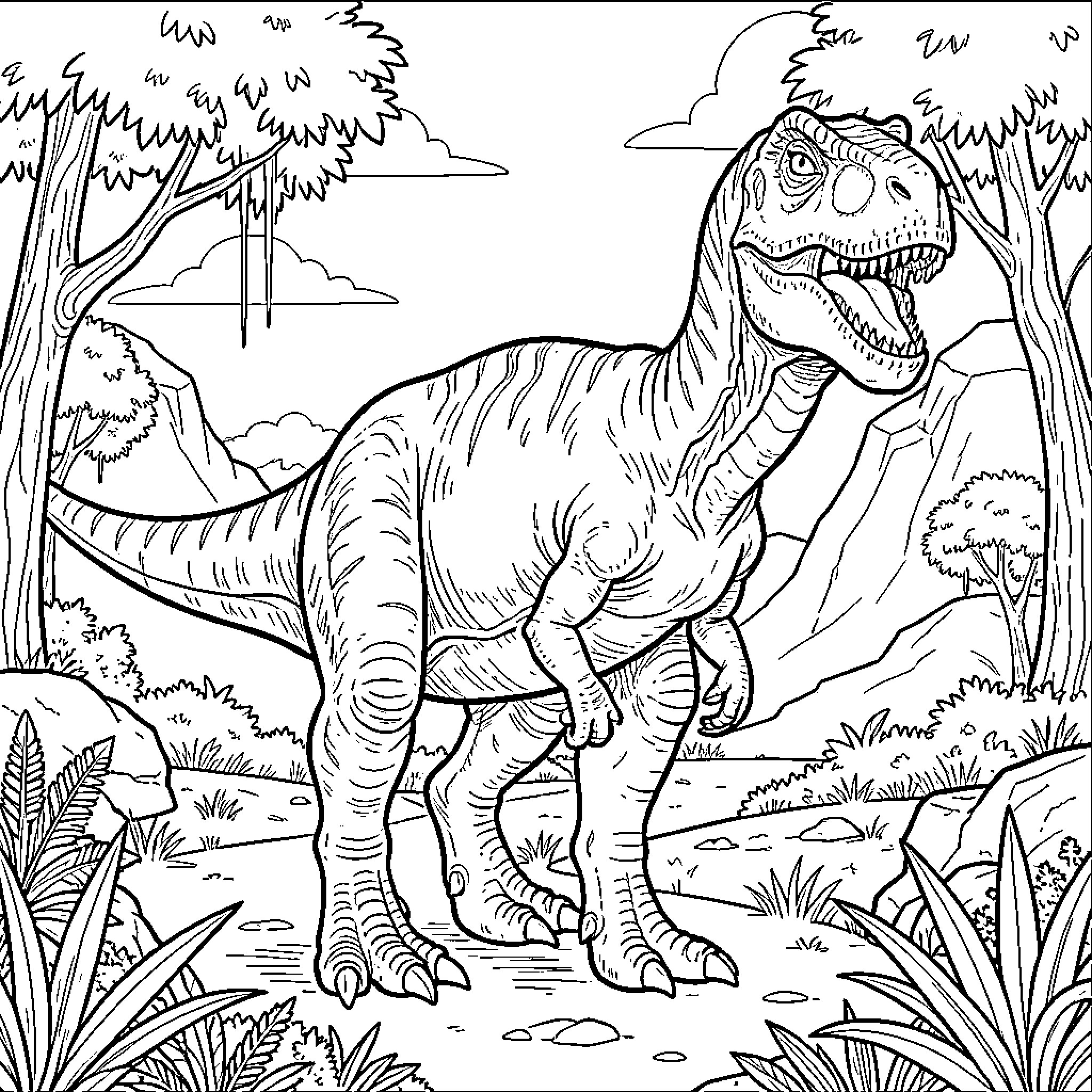 Dinosaur walking through a lush prehistoric jungle Coloring Page (free black-and-white line drawing printable PDF for all, from beginners to advanced learners, including children, teens, adults, and seniors)