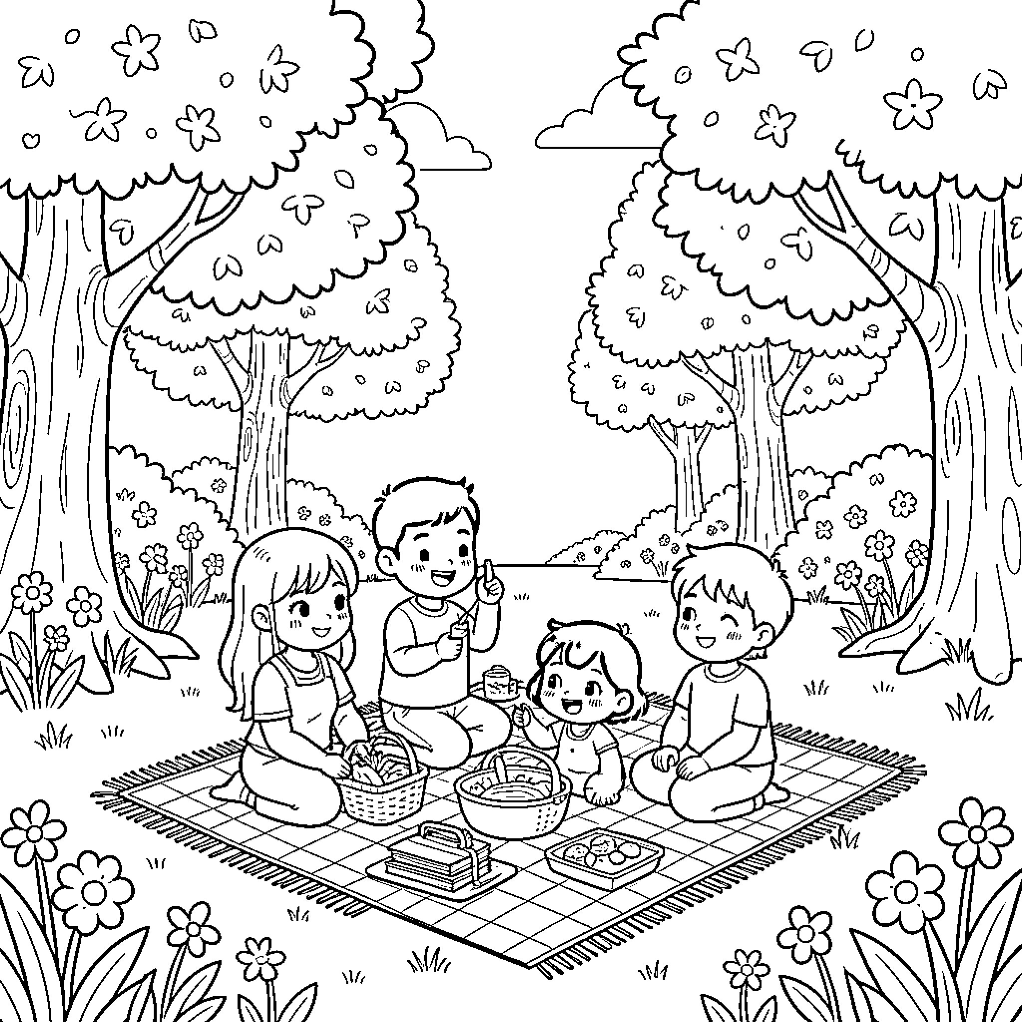 Nature scene of children enjoying a picnic together Coloring Page (free black-and-white line drawing printable PDF for all, from beginners to advanced learners, including children, teens, adults, and seniors)