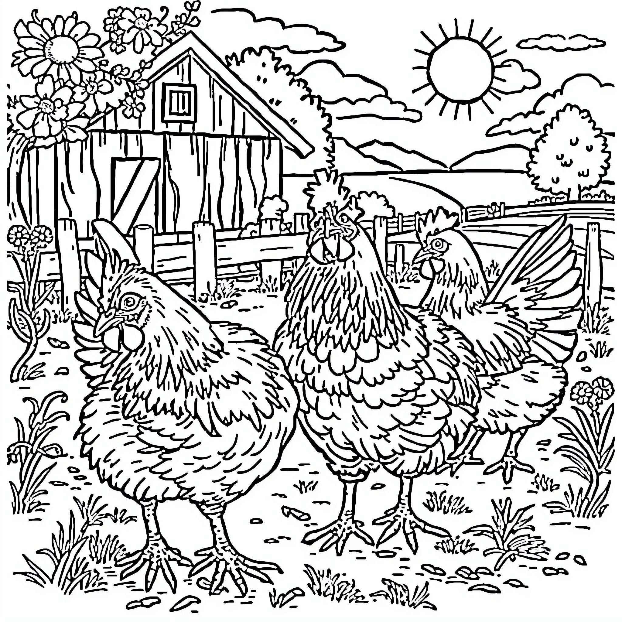 Chicken on a Lively Farm Landscape Coloring Page (free black-and-white line drawing printable PDF for all, from beginners to advanced learners, including children, teens, adults, and seniors)
