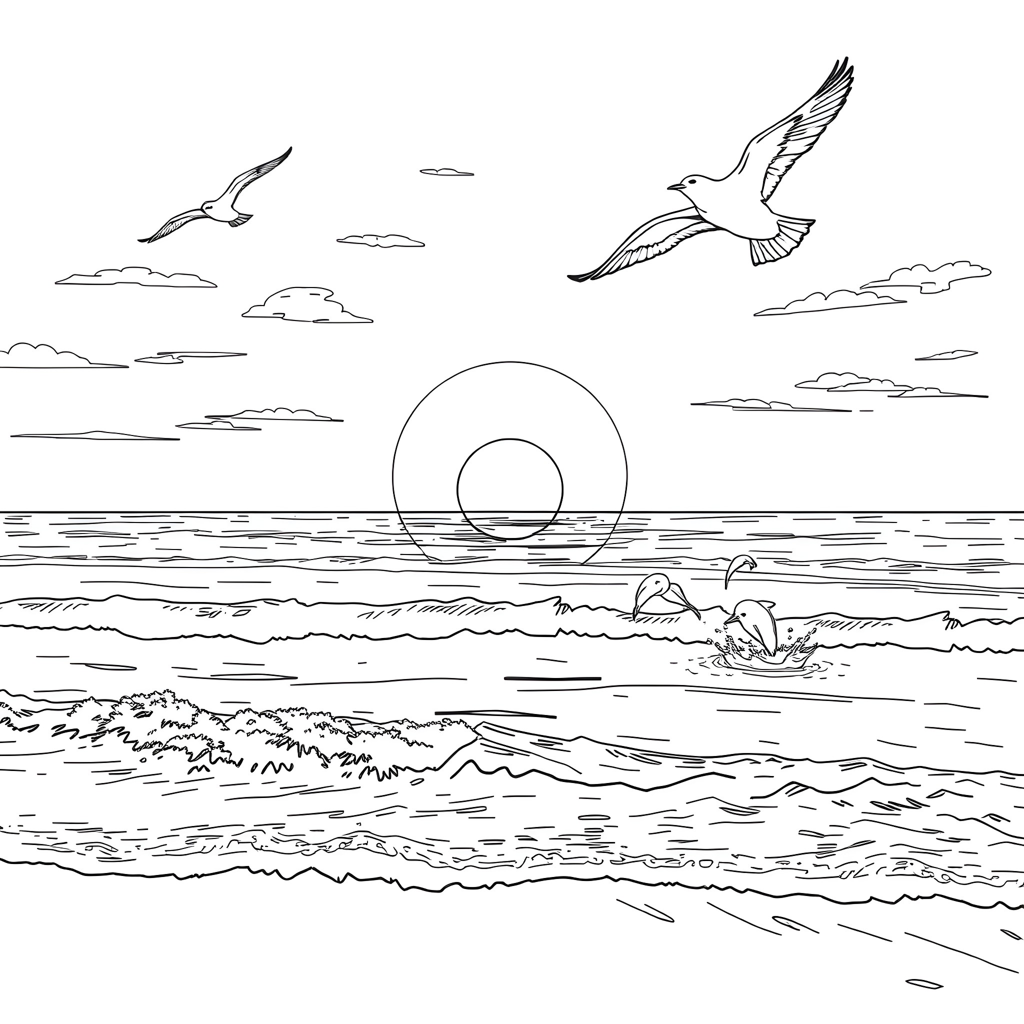 Beach scene with birds soaring in the sky Coloring Page (free black-and-white line drawing printable PDF for all, from beginners to advanced learners, including children, teens, adults, and seniors)