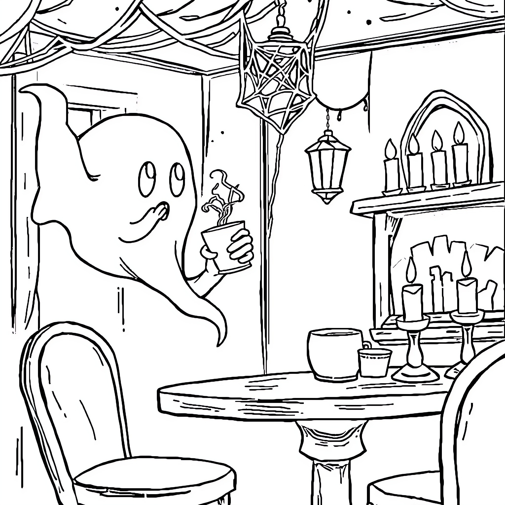 Ghost's spooky tea party in haunted mansion Coloring Page (free black-and-white line drawing printable PDF for all, from beginners to advanced learners, including children, teens, adults, and seniors)