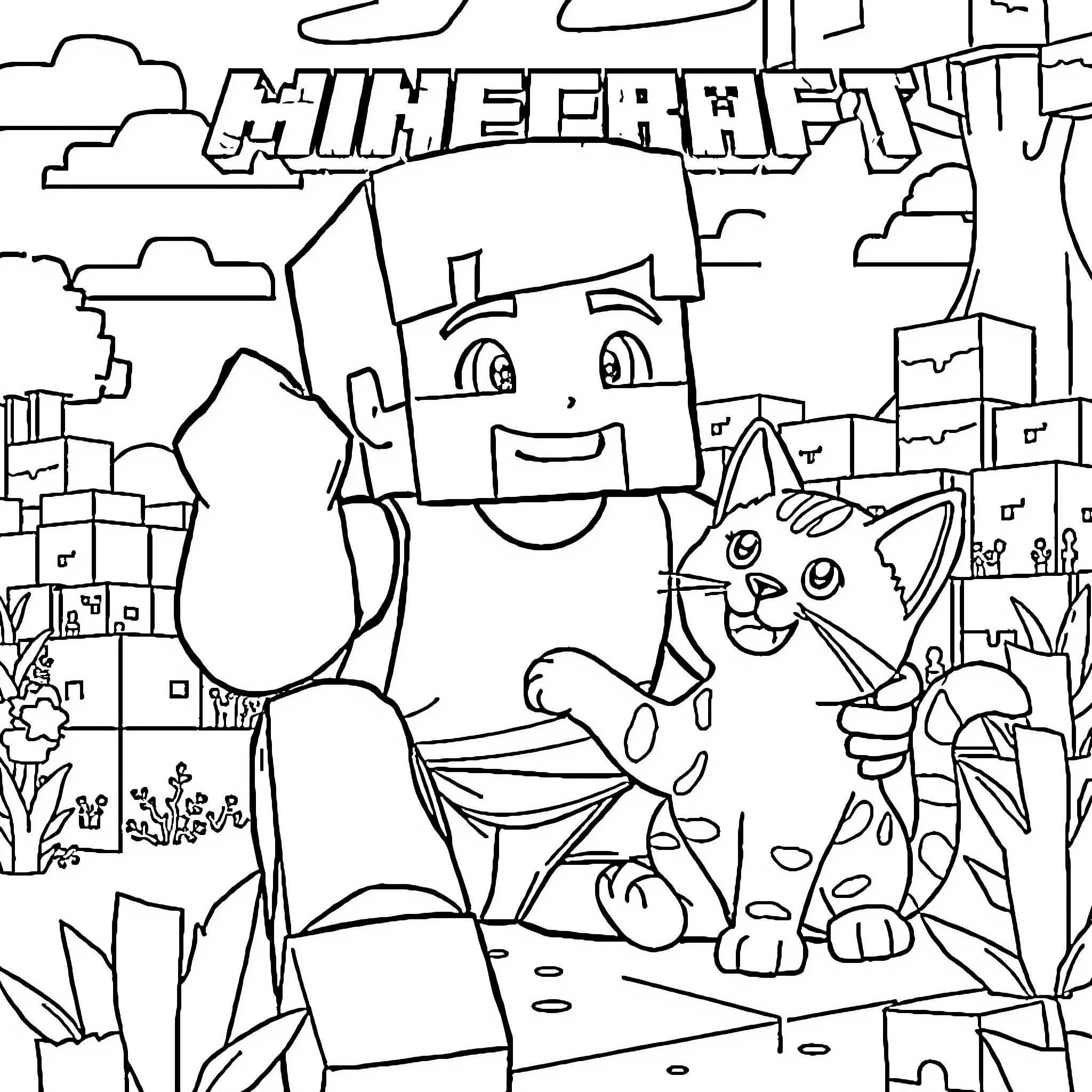 Alex and the Minecraft Adventure Coloring Page (free black-and-white line drawing printable PDF for all, from beginners to advanced learners, including children, teens, adults, and seniors)