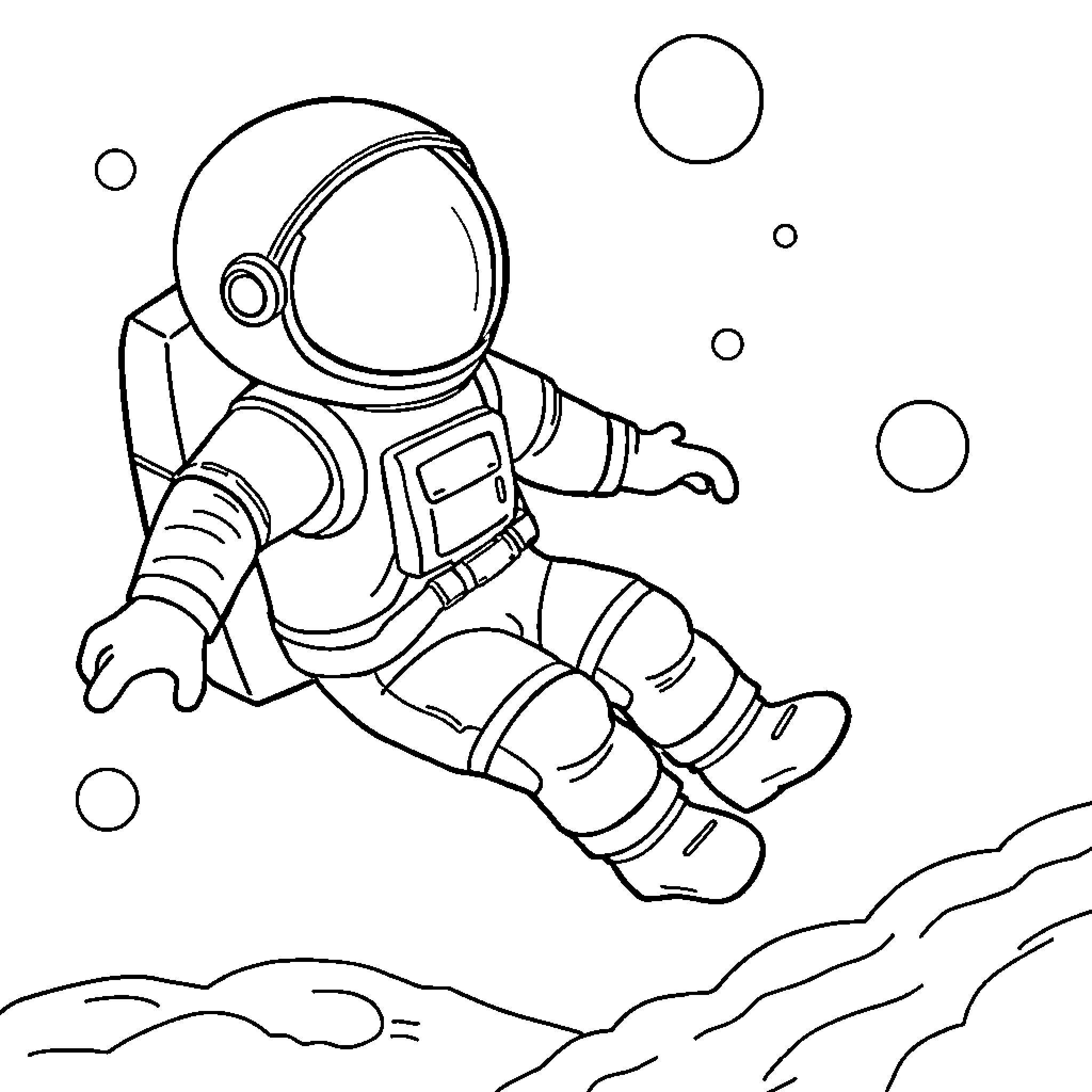 Astronaut floating in space Coloring Page (free black-and-white line drawing printable PDF for all, from beginners to advanced learners, including children, teens, adults, and seniors)