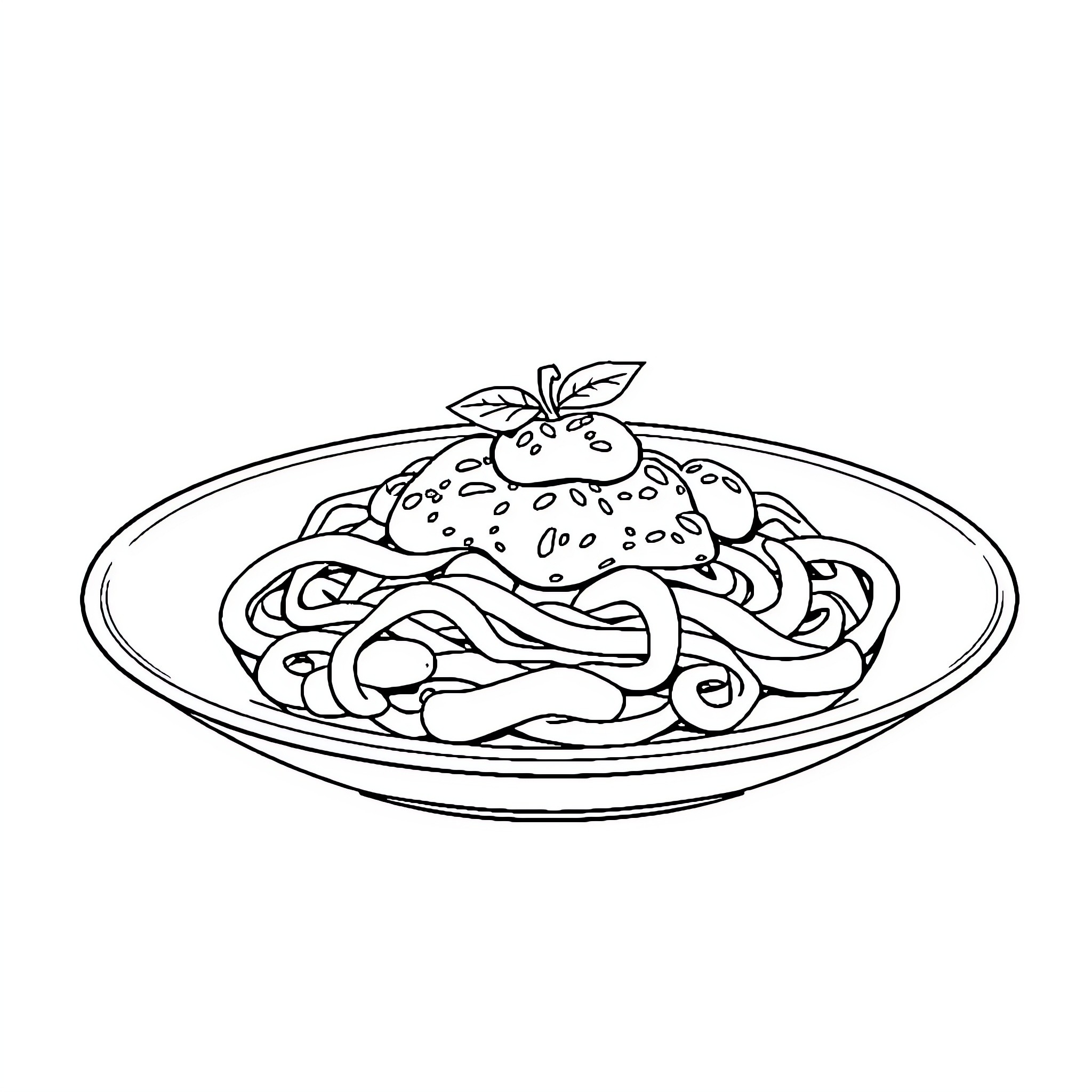 Plate of appetizing pasta dish Coloring Page (free black-and-white line drawing printable PDF for all, from beginners to advanced learners, including children, teens, adults, and seniors)