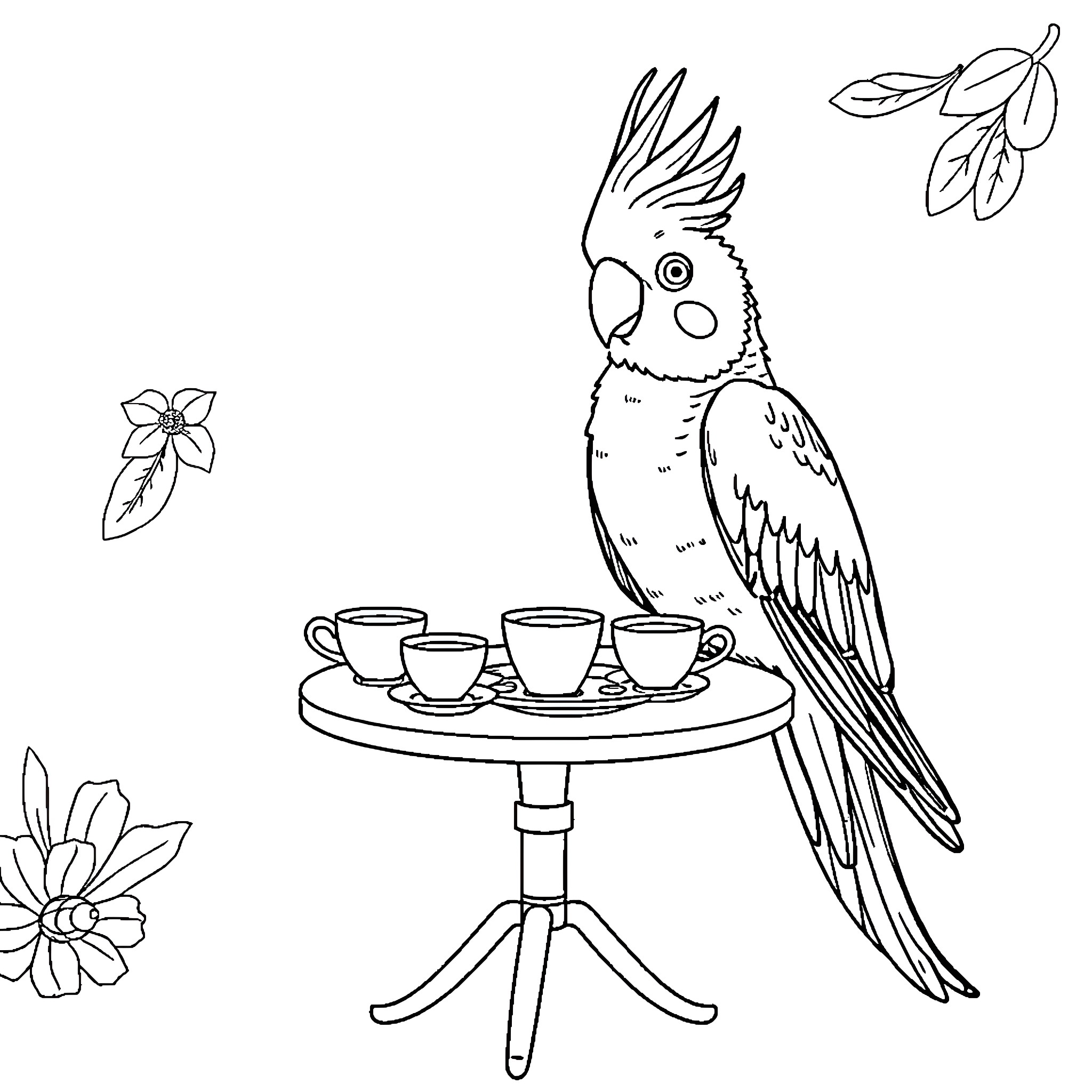 Cockatiel enjoying tea party with flowers Coloring Page (free black-and-white line drawing printable PDF for all, from beginners to advanced learners, including children, teens, adults, and seniors)