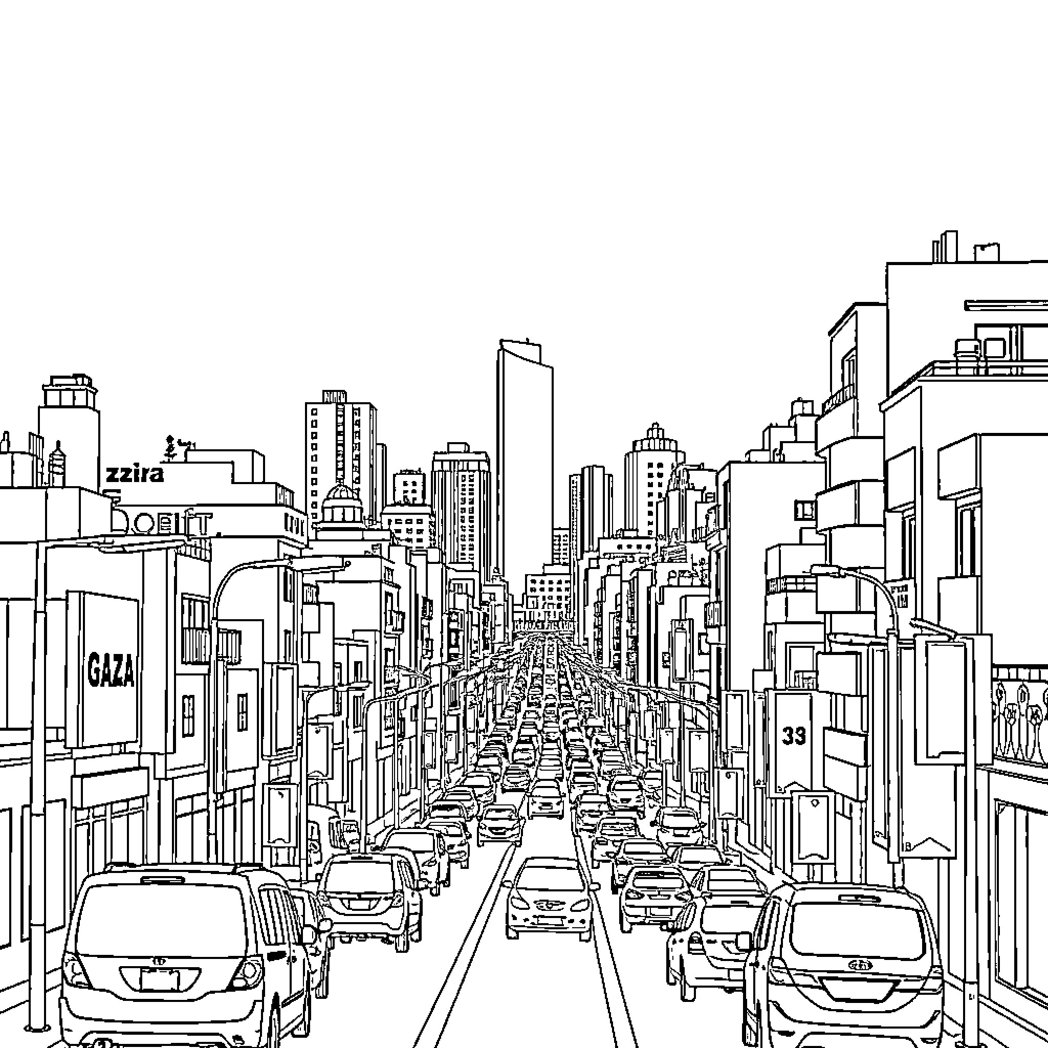 Gaza cityscape with busy street and traffic Coloring Page (free black-and-white line drawing printable PDF for all, from beginners to advanced learners, including children, teens, adults, and seniors)