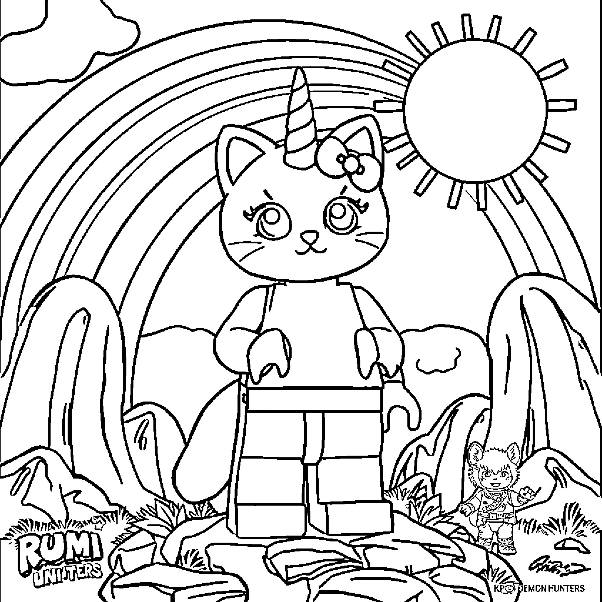 Unikitty celebrating with friends in a magical landscape Coloring Page (free black-and-white line drawing printable PDF for all, from beginners to advanced learners, including children, teens, adults, and seniors)
