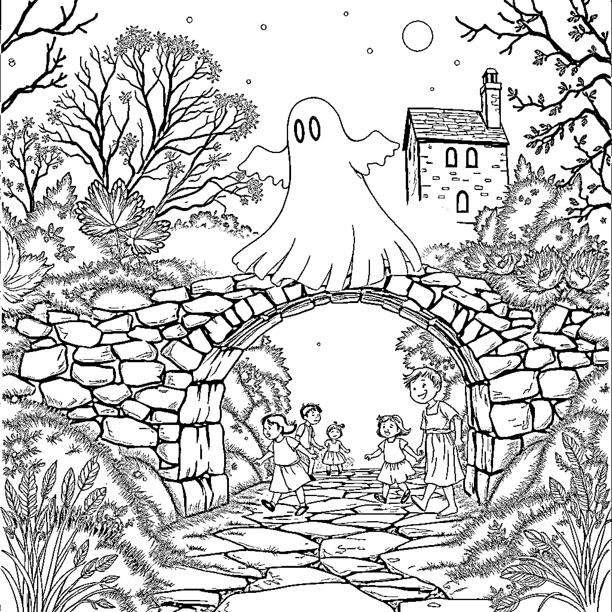 Ghost crossing the stone bridge in the autumn forest Coloring Page (free black-and-white line drawing printable PDF for all, from beginners to advanced learners, including children, teens, adults, and seniors)