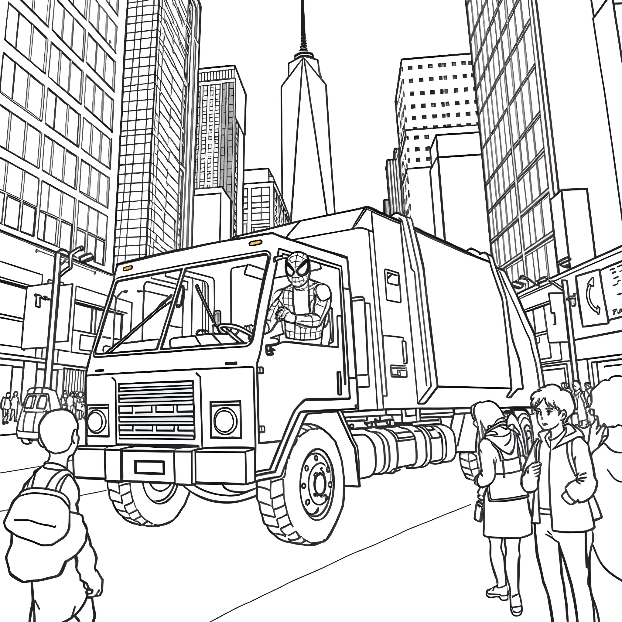 Spiderman swinging through the city streets Coloring Page (free black-and-white line drawing printable PDF for all, from beginners to advanced learners, including children, teens, adults, and seniors)