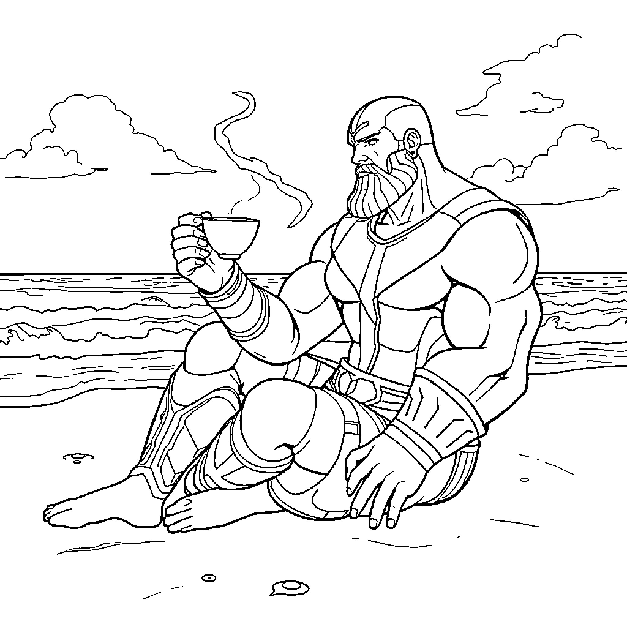 Thanos enjoying a cup of tea by the ocean Coloring Page (free black-and-white line drawing printable PDF for all, from beginners to advanced learners, including children, teens, adults, and seniors)