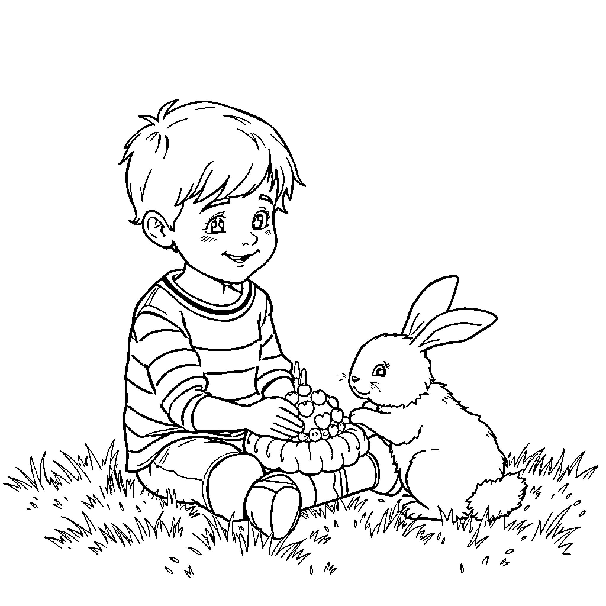 Eleven Enjoys Playtime with Friendly Bunny Coloring Page (free black-and-white line drawing printable PDF for all, from beginners to advanced learners, including children, teens, adults, and seniors)